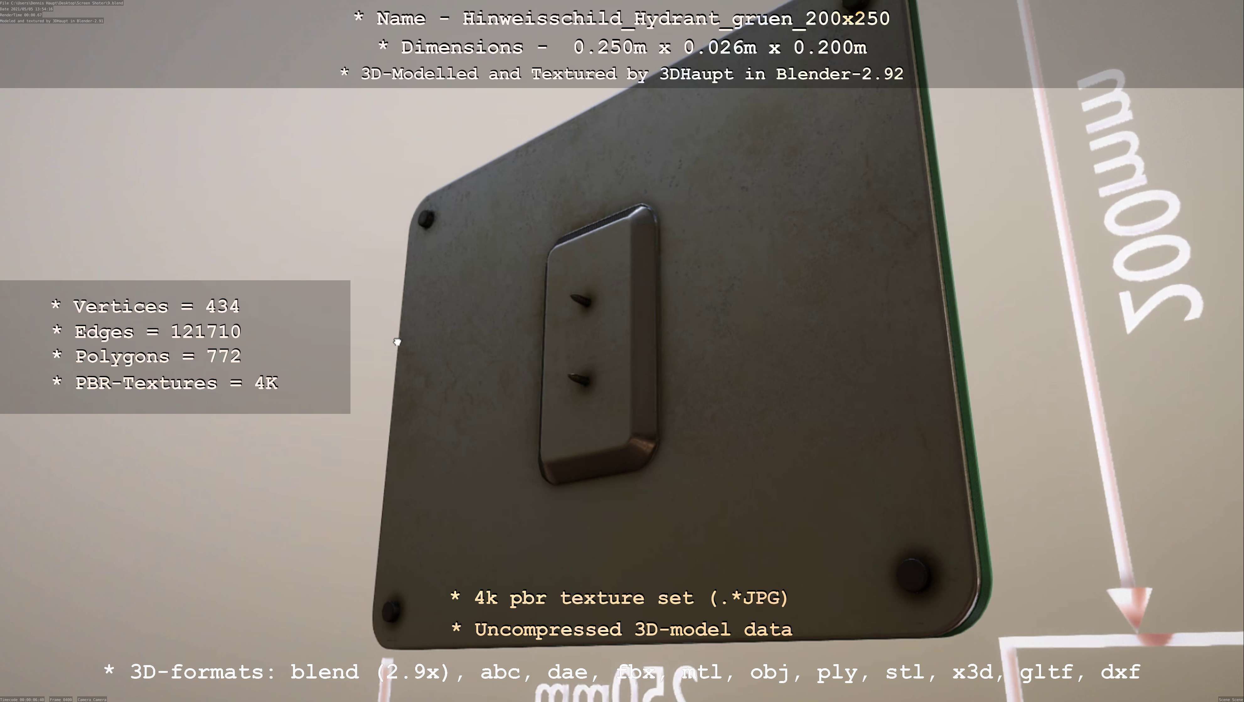 Hinweisschild Hydrant gruen 200x250mm Low-poly 3D model_115