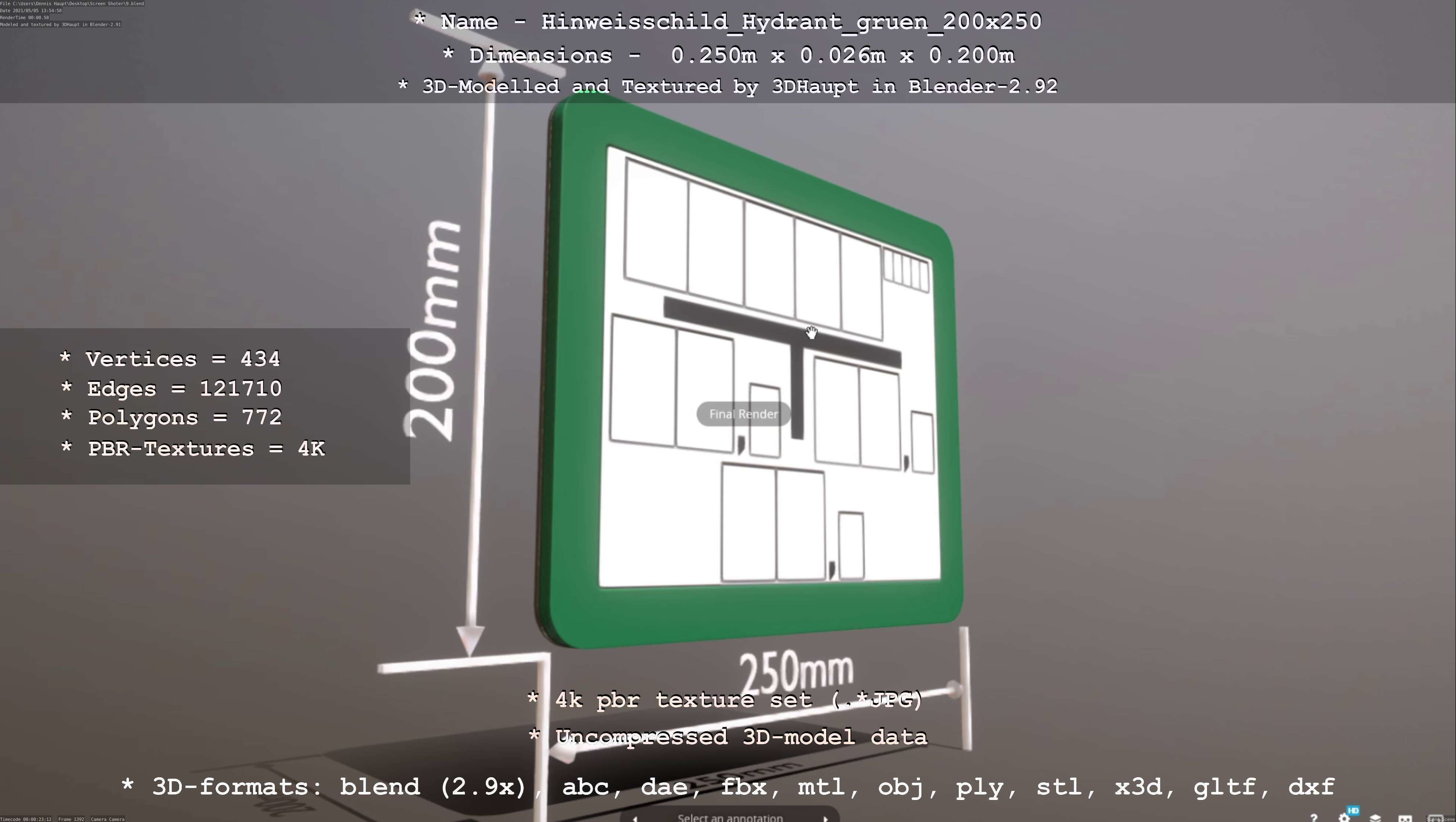 Hinweisschild Hydrant gruen 200x250mm Low-poly 3D model_54