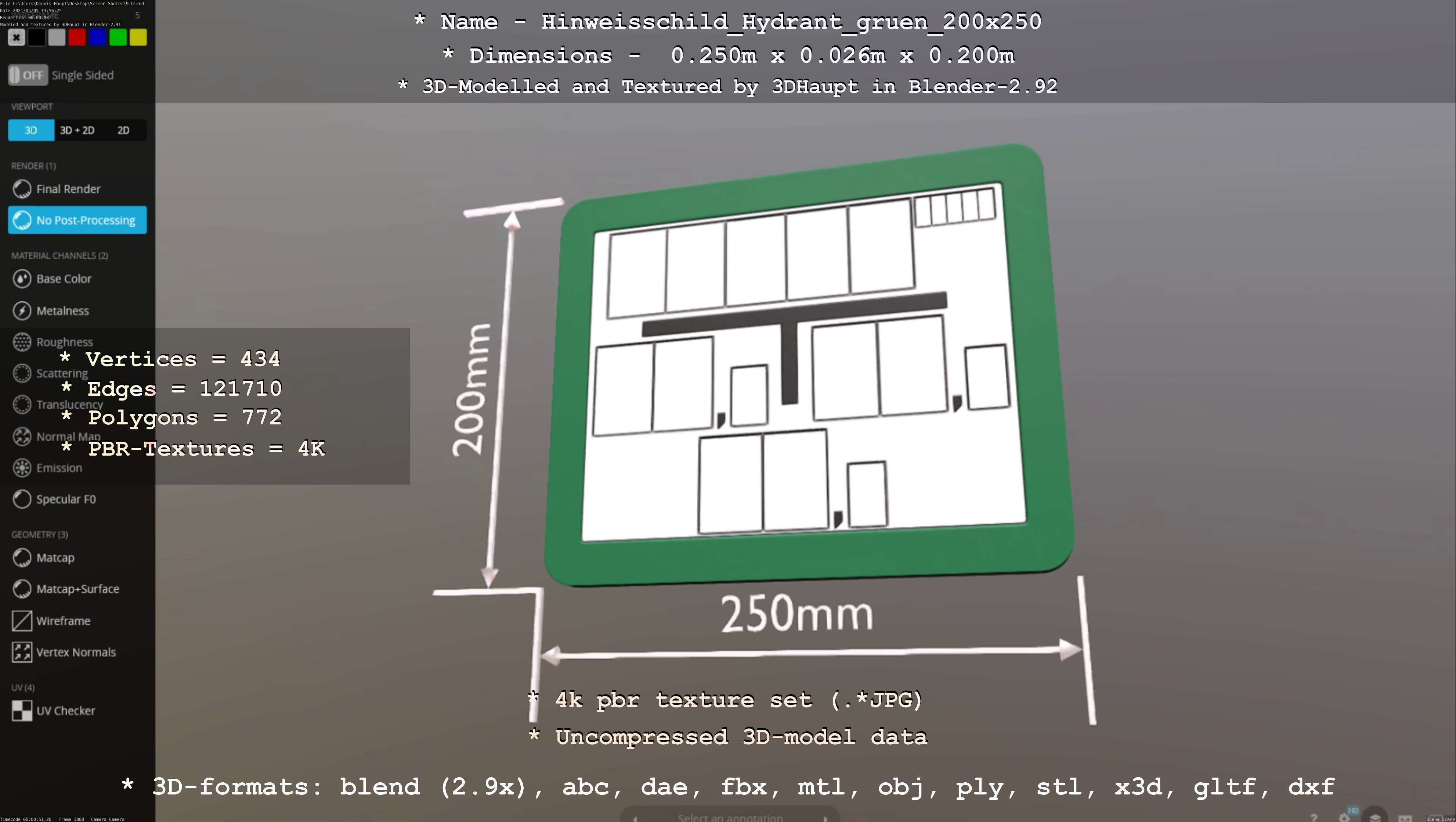 Hinweisschild Hydrant gruen 200x250mm Low-poly 3D model_92