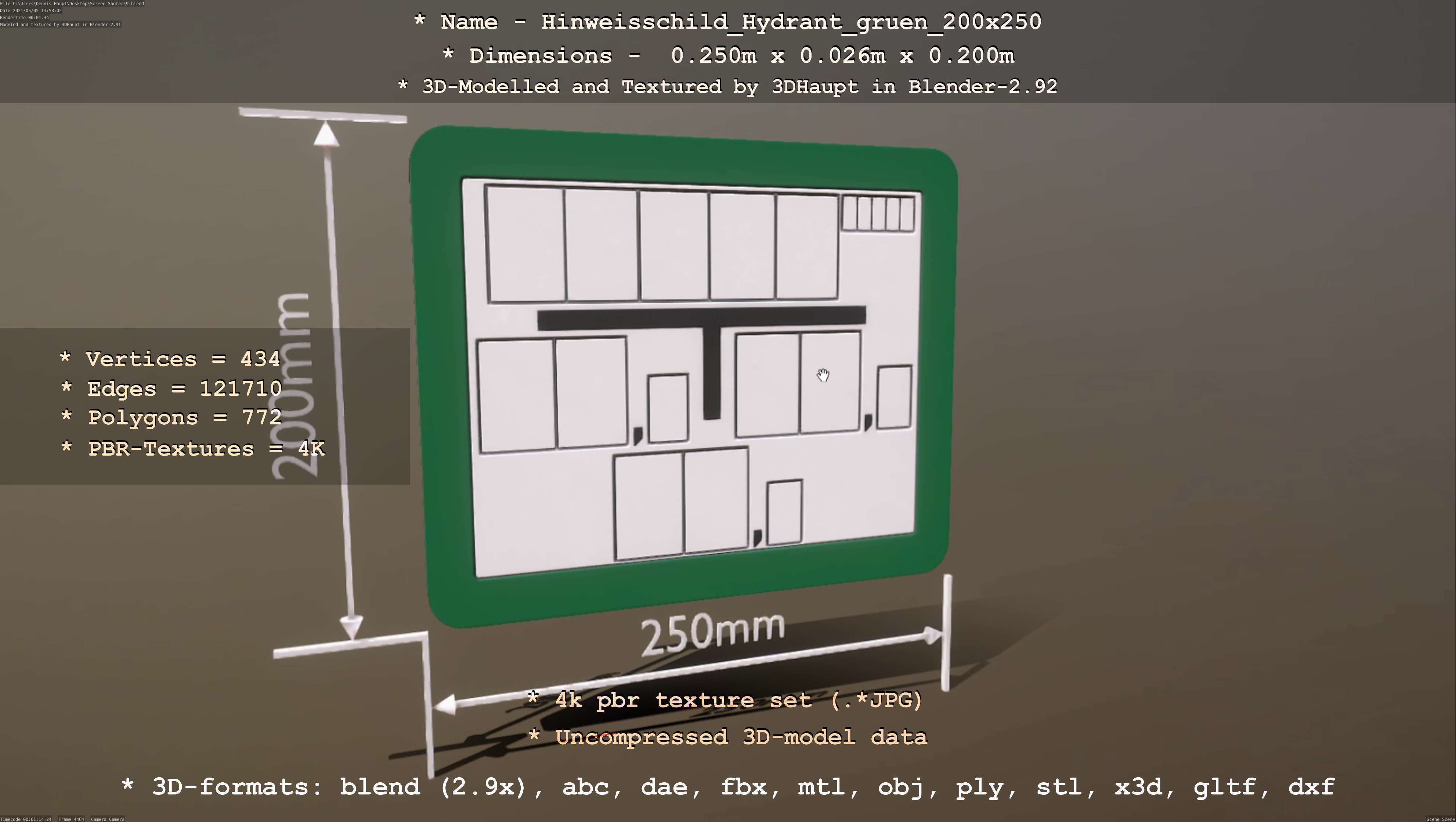 Hinweisschild Hydrant gruen 200x250mm Low-poly 3D model_26