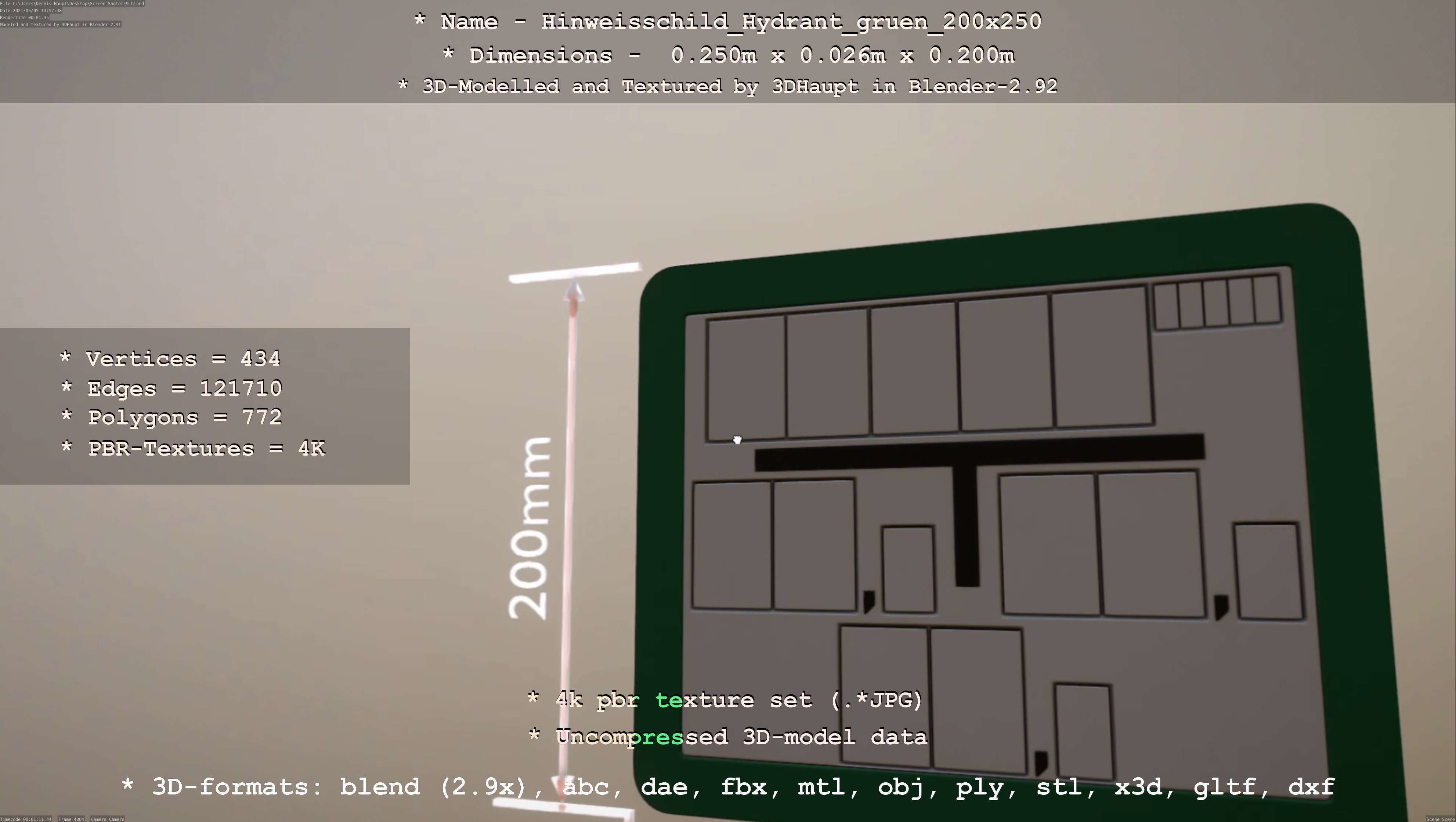 Hinweisschild Hydrant gruen 200x250mm Low-poly 3D model_25