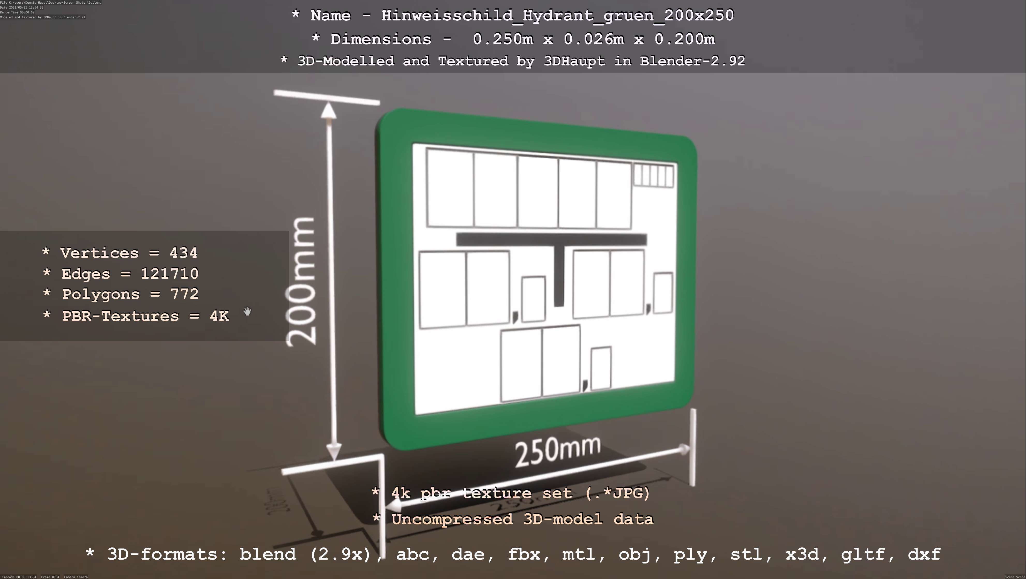 Hinweisschild Hydrant gruen 200x250mm Low-poly 3D model_61