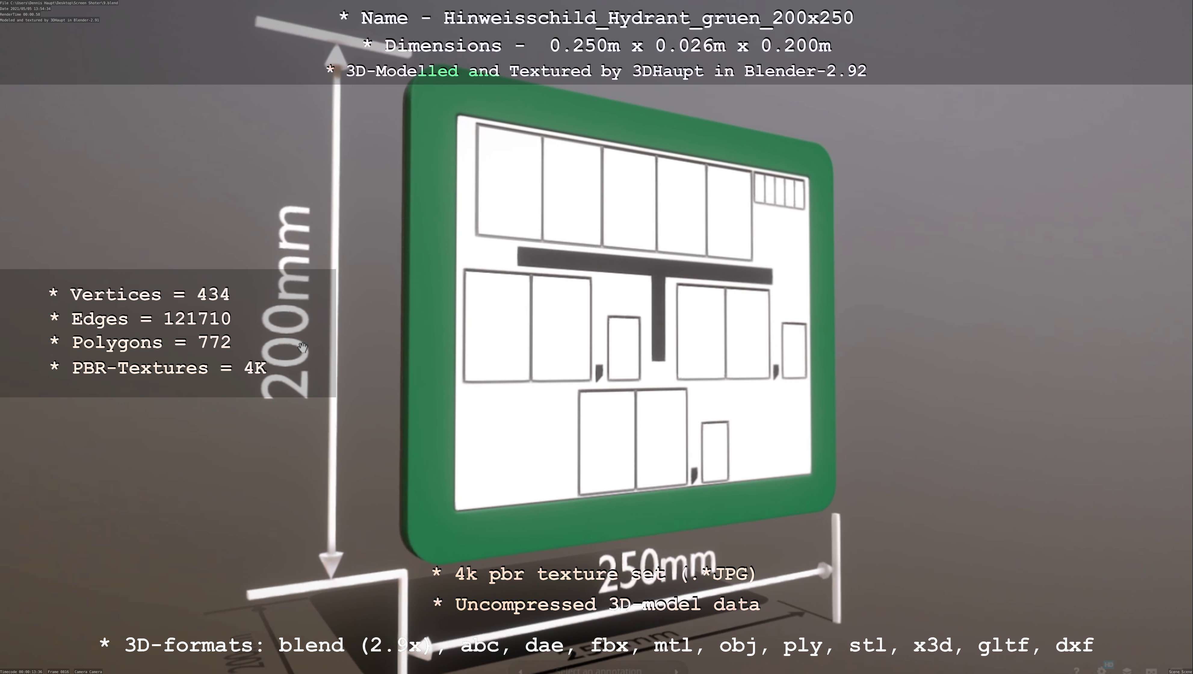 Hinweisschild Hydrant gruen 200x250mm Low-poly 3D model_4