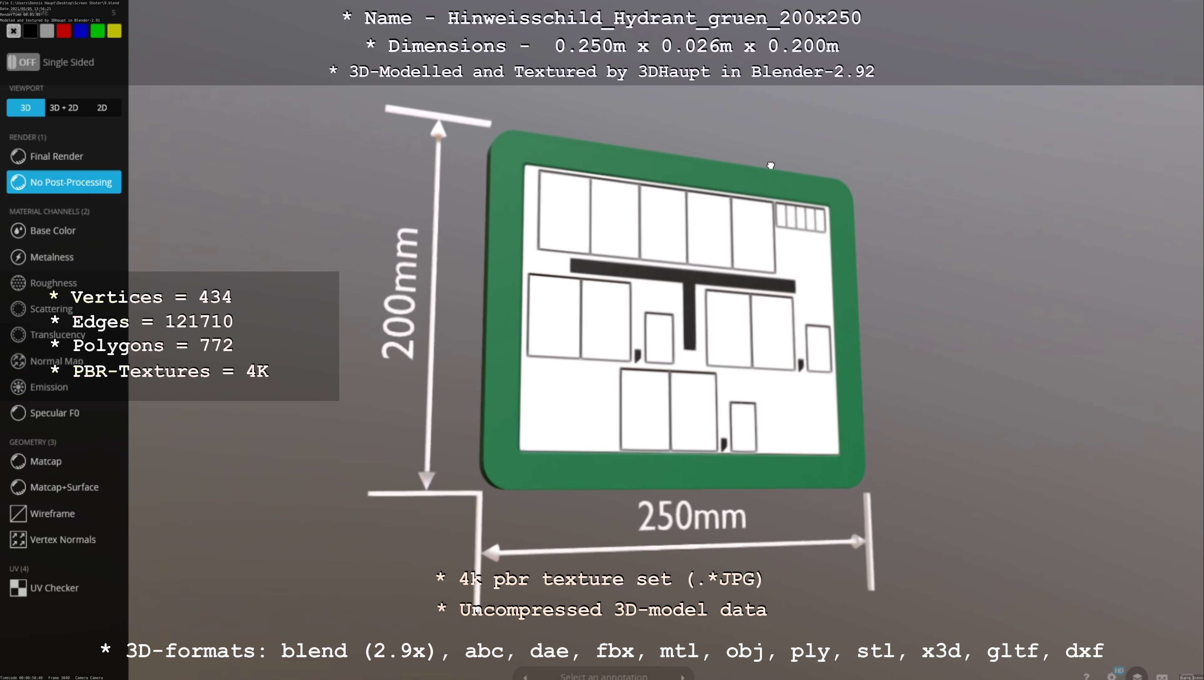Hinweisschild Hydrant gruen 200x250mm Low-poly 3D model_90