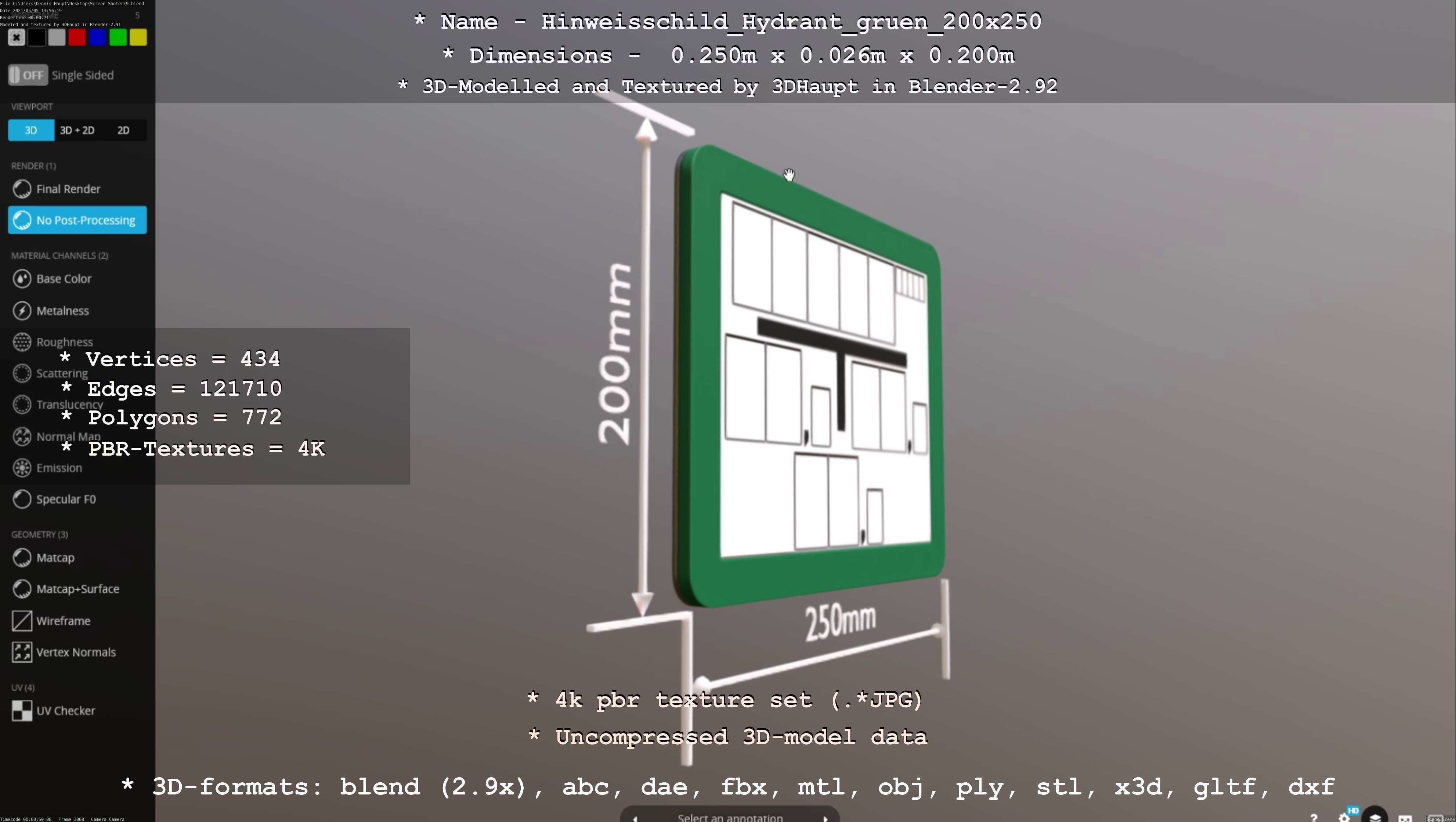Hinweisschild Hydrant gruen 200x250mm Low-poly 3D model_93