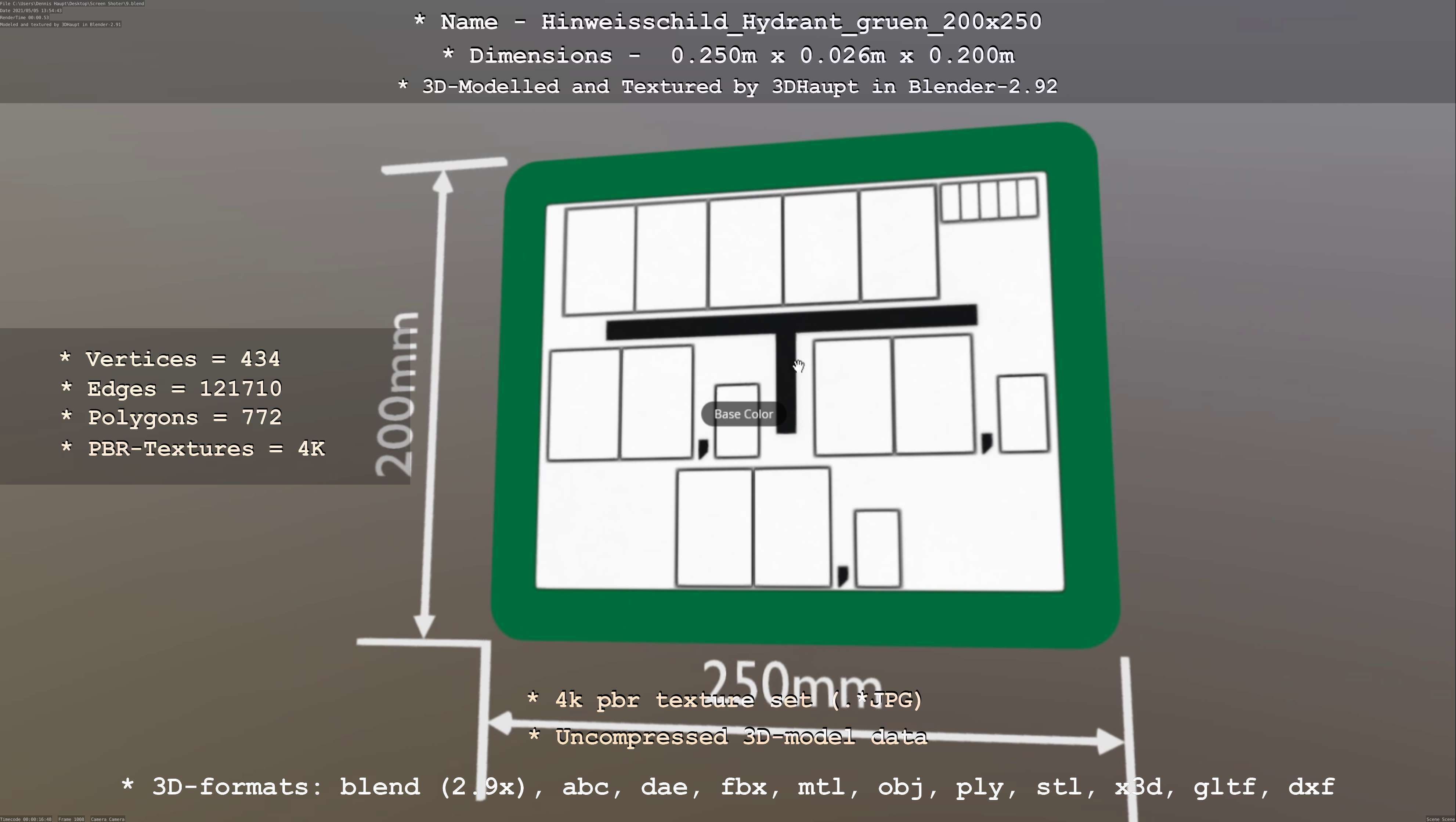 Hinweisschild Hydrant gruen 200x250mm Low-poly 3D model_40