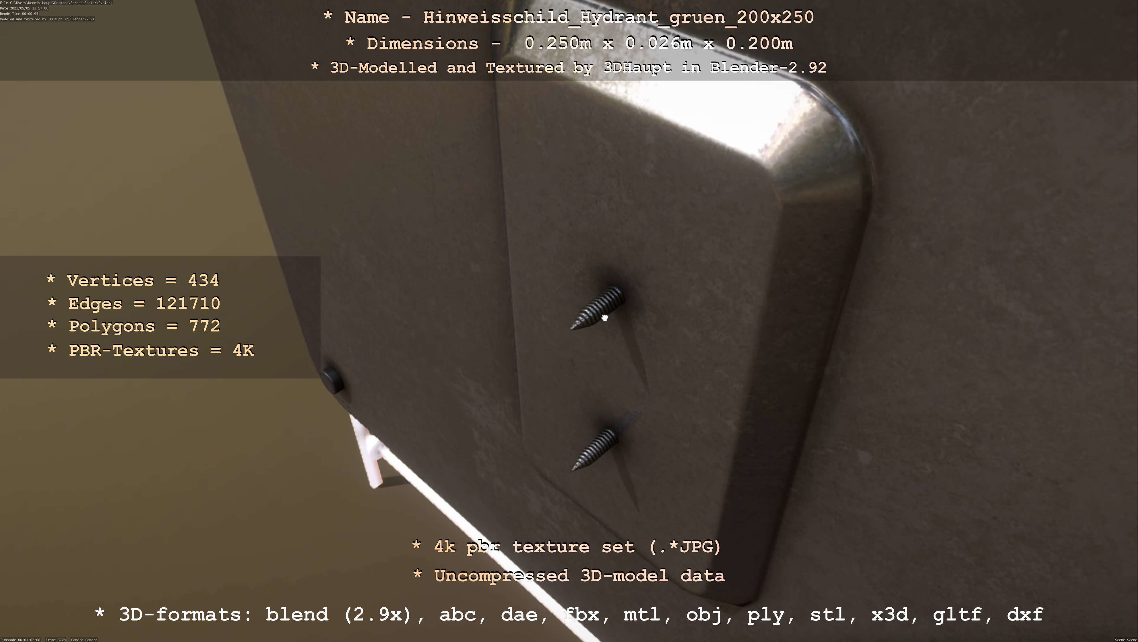 Hinweisschild Hydrant gruen 200x250mm Low-poly 3D model_10