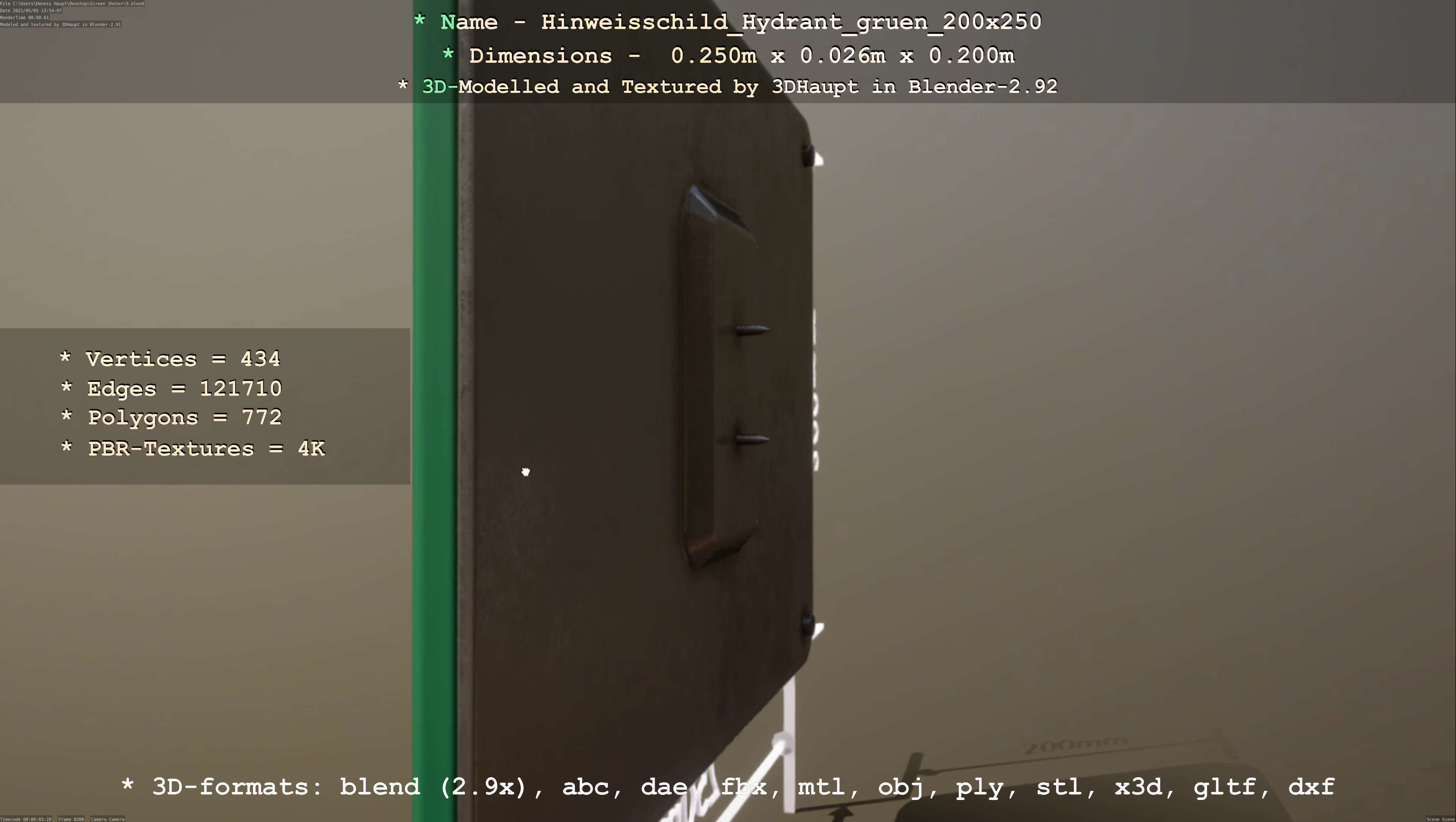 Hinweisschild Hydrant gruen 200x250mm Low-poly 3D model_13