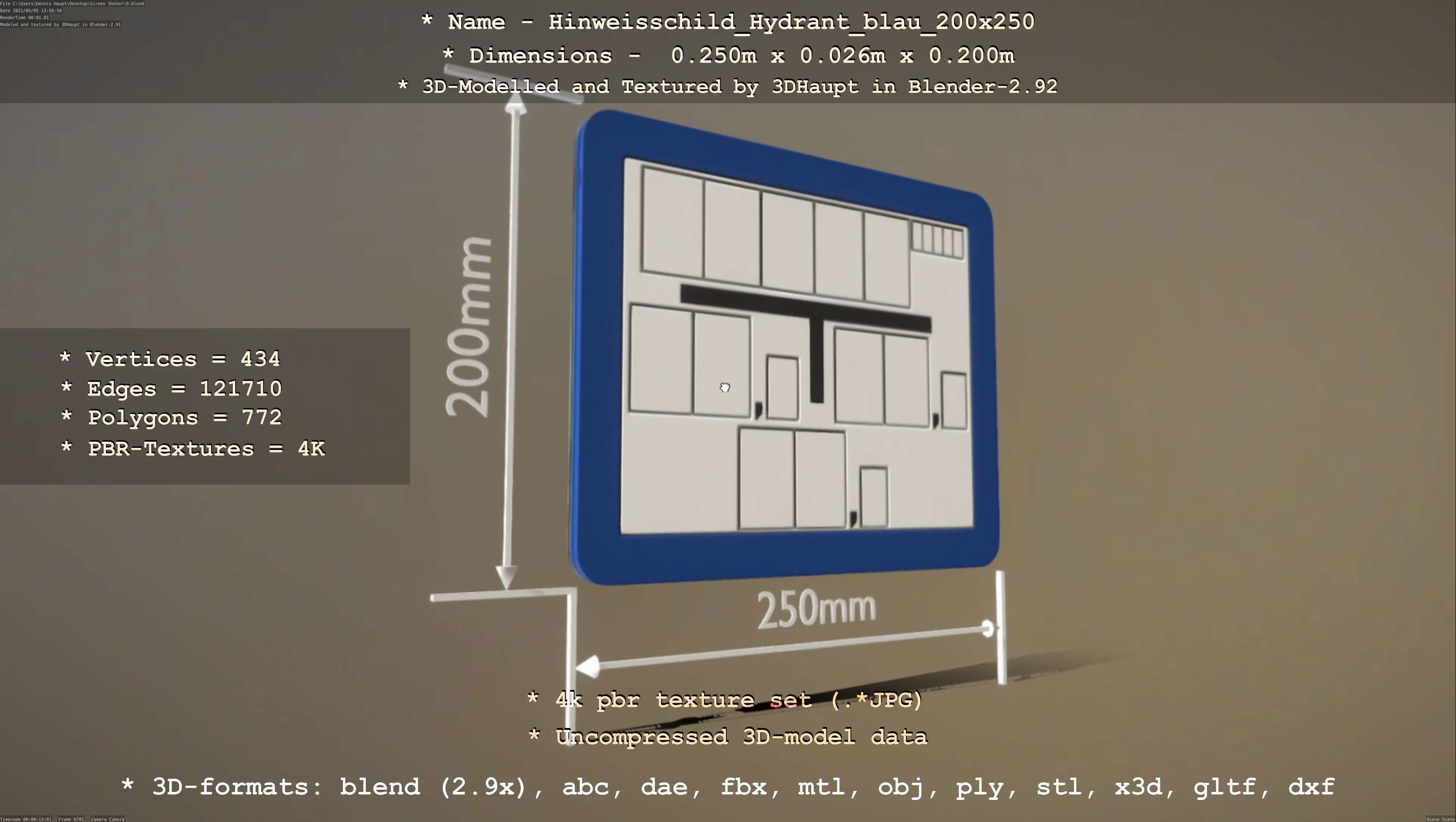 Hinweisschild Hydrant blau 200x250mm Low-poly 3D model_30