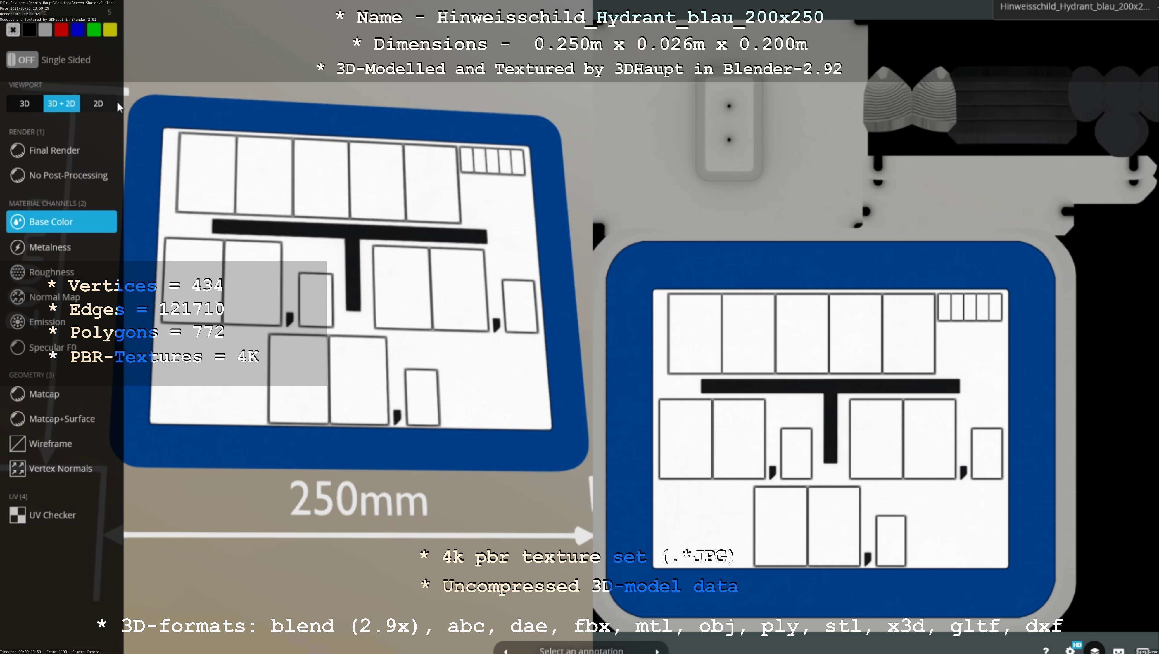 Hinweisschild Hydrant blau 200x250mm Low-poly 3D model_37