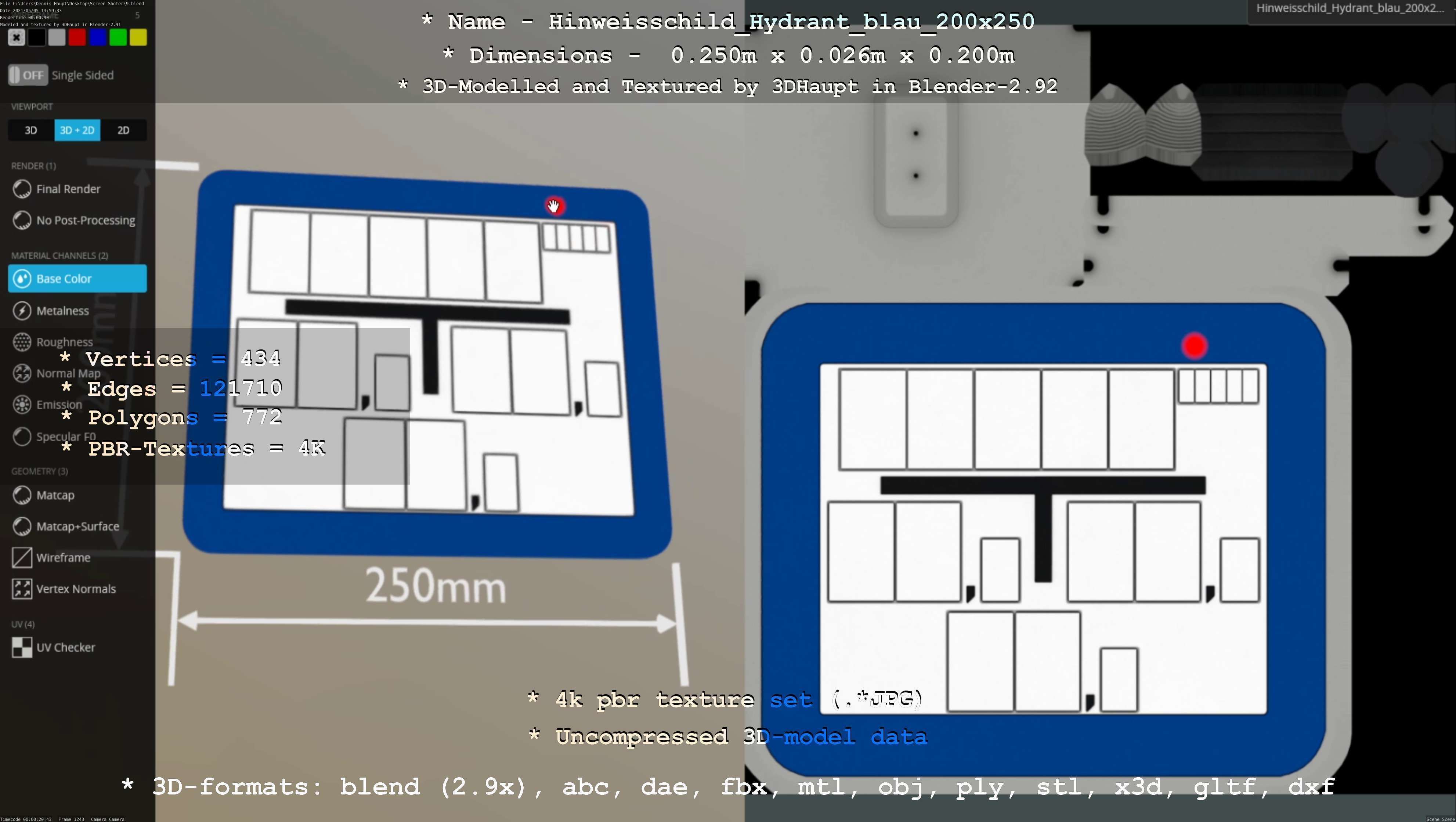 Hinweisschild Hydrant blau 200x250mm Low-poly 3D model_42