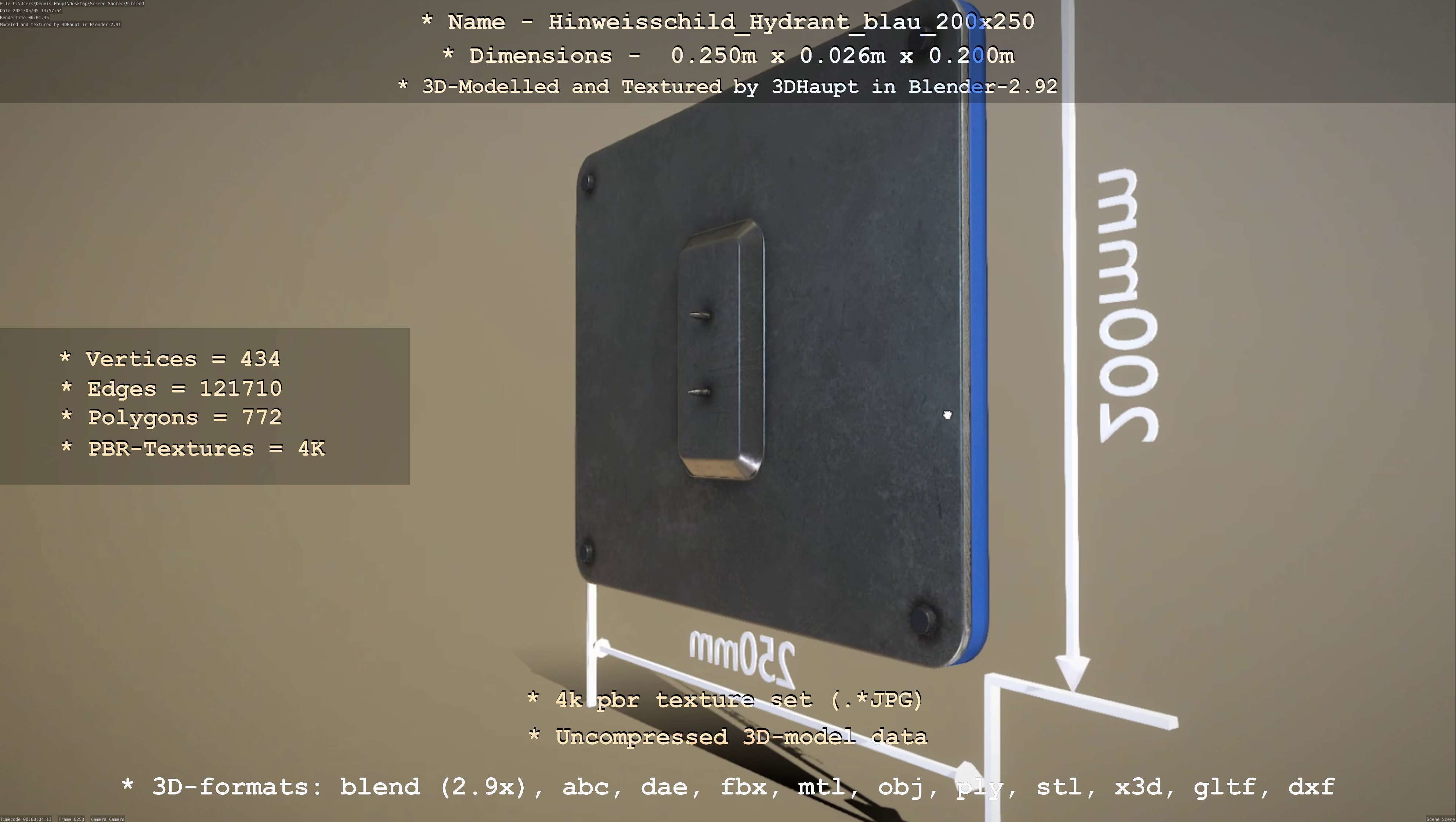 Hinweisschild Hydrant blau 200x250mm Low-poly 3D model_25