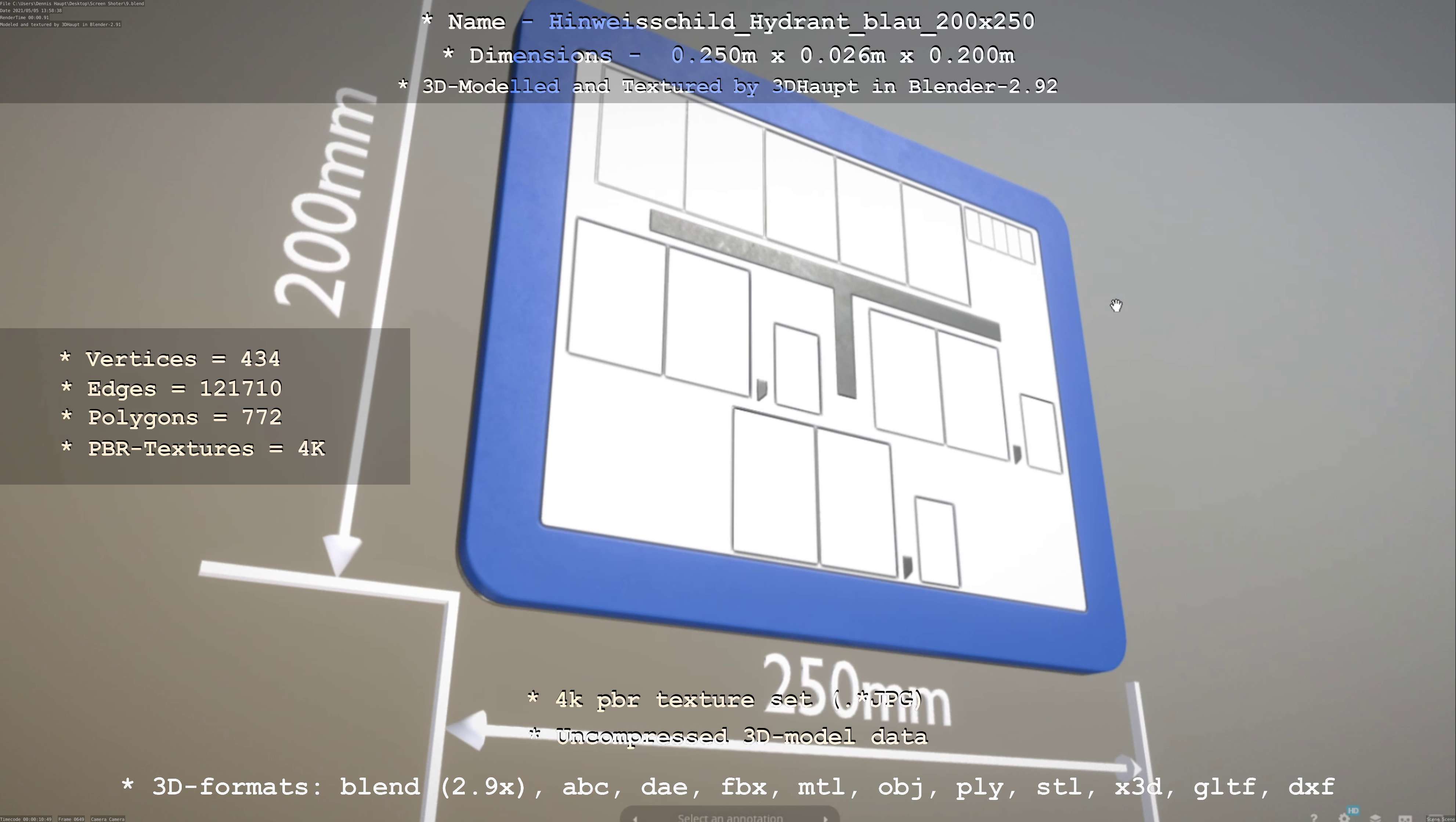 Hinweisschild Hydrant blau 200x250mm Low-poly 3D model_6
