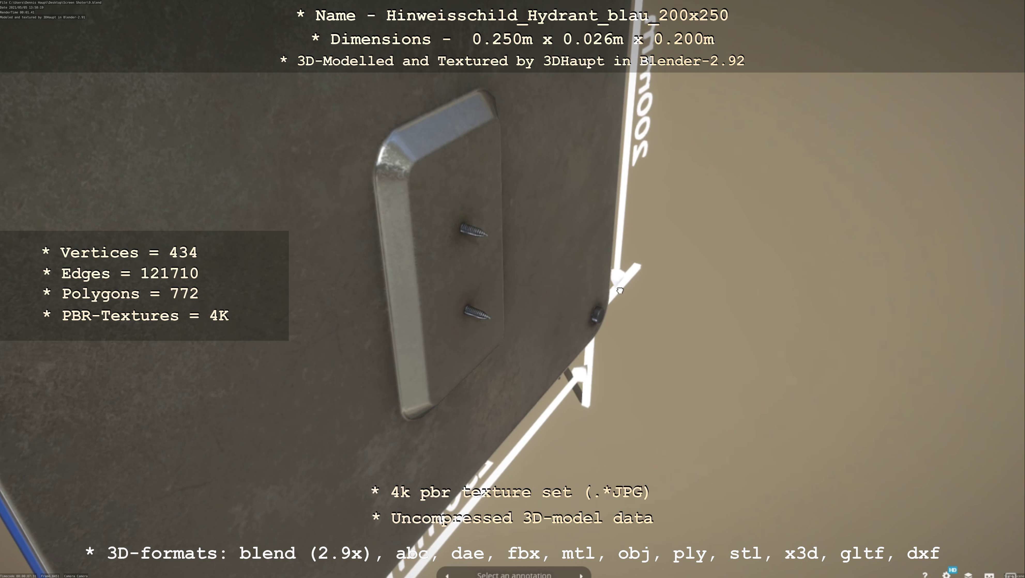 Hinweisschild Hydrant blau 200x250mm Low-poly 3D model_3