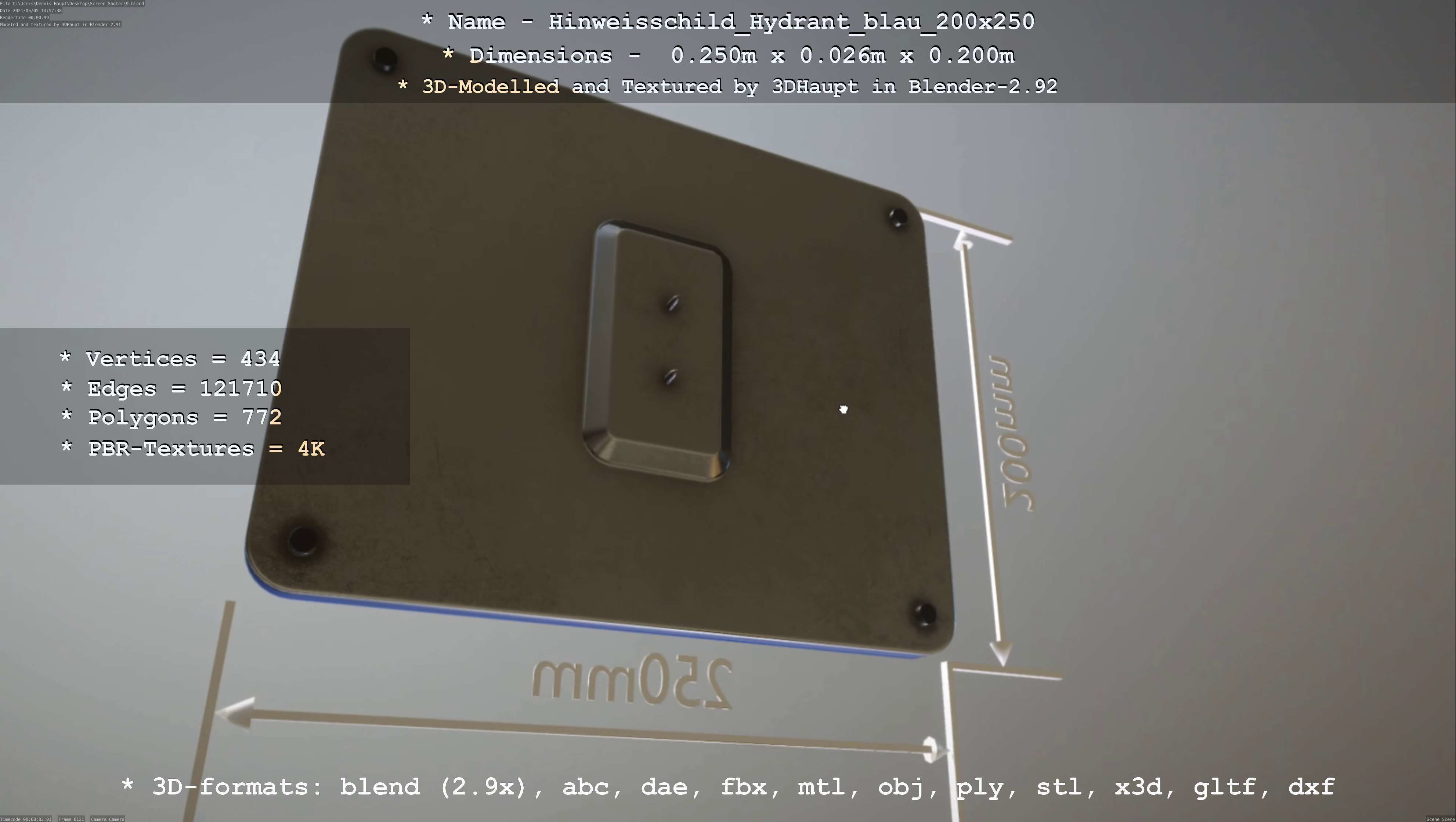 Hinweisschild Hydrant blau 200x250mm Low-poly 3D model_23