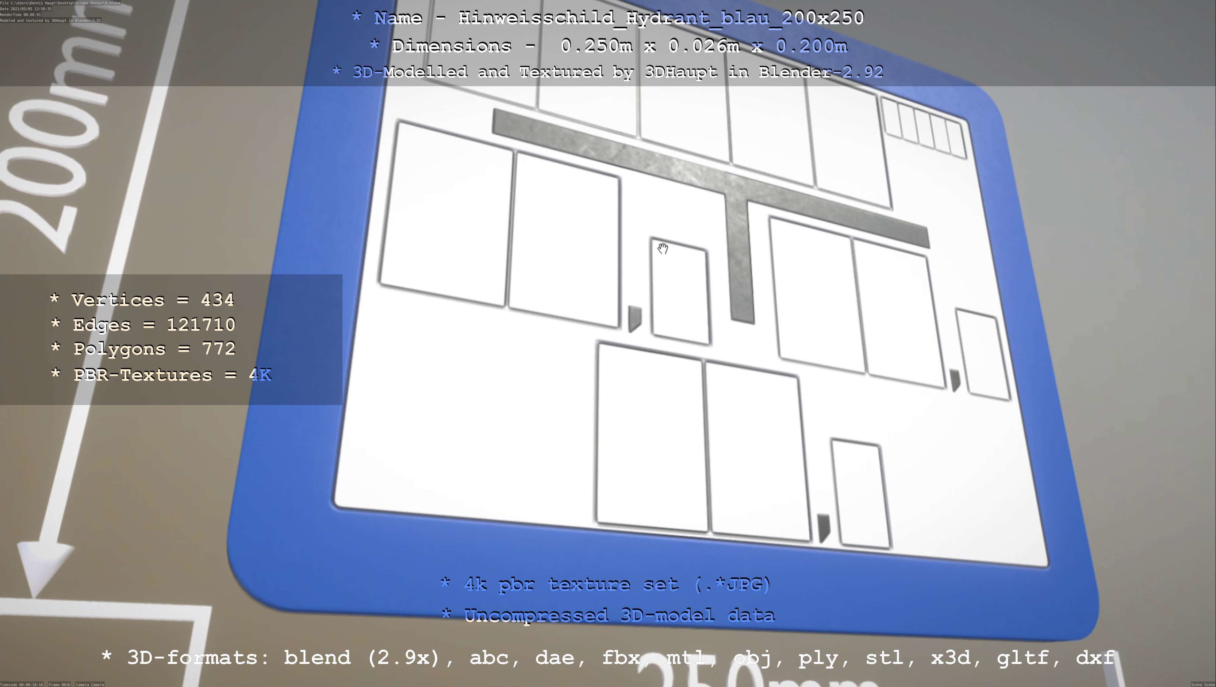 Hinweisschild Hydrant blau 200x250mm Low-poly 3D model_5