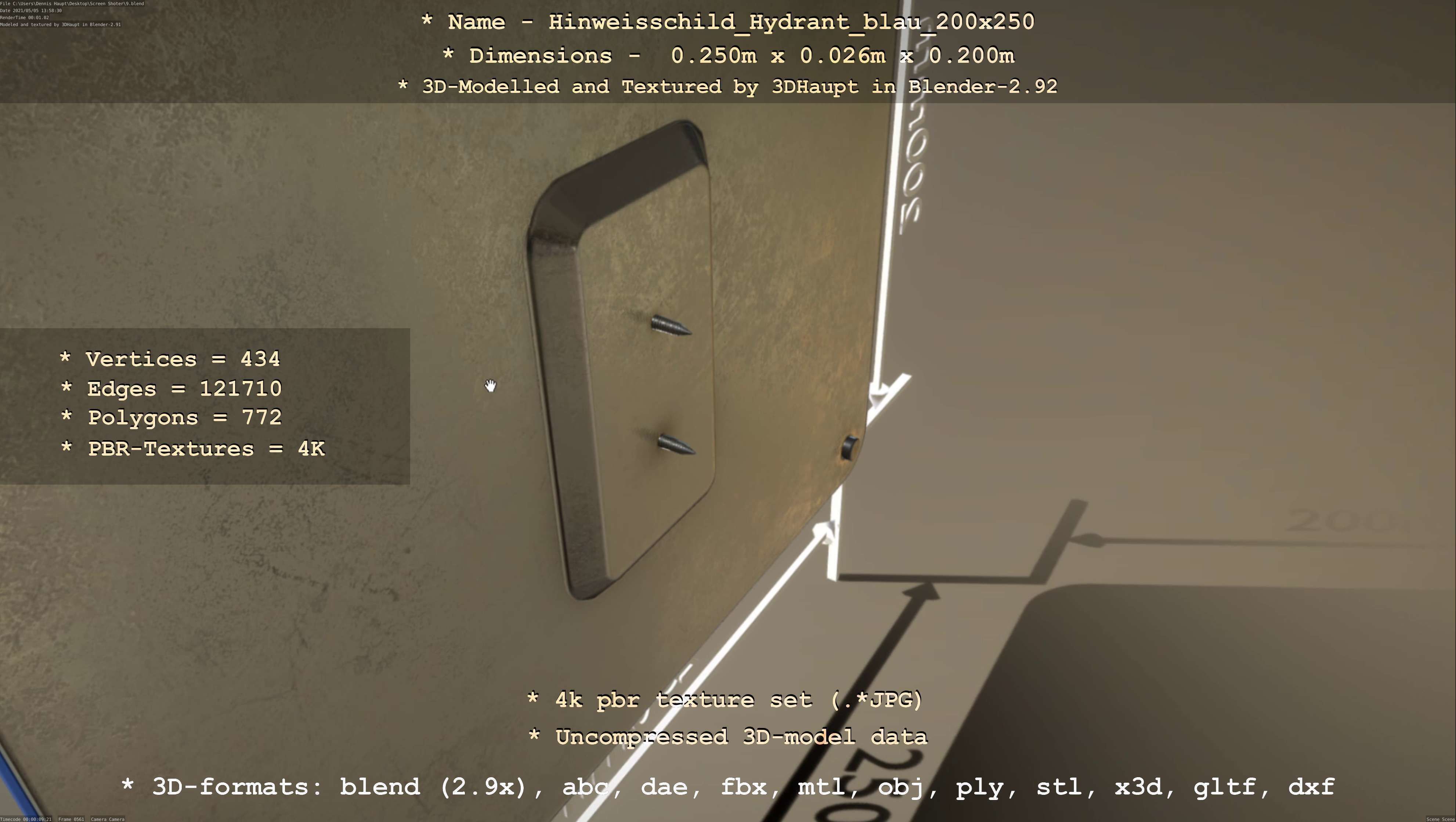 Hinweisschild Hydrant blau 200x250mm Low-poly 3D model_84