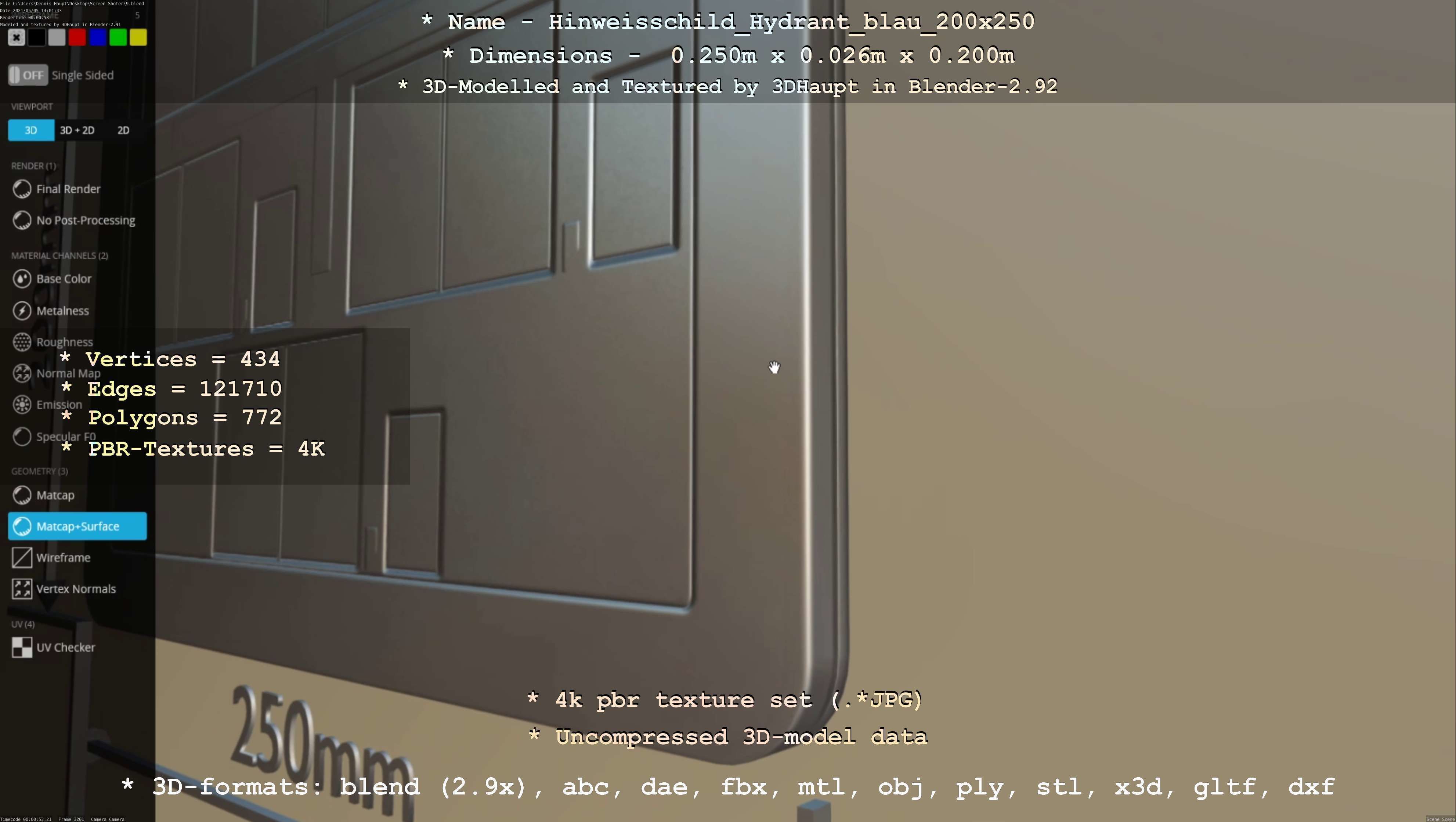 Hinweisschild Hydrant blau 200x250mm Low-poly 3D model_90