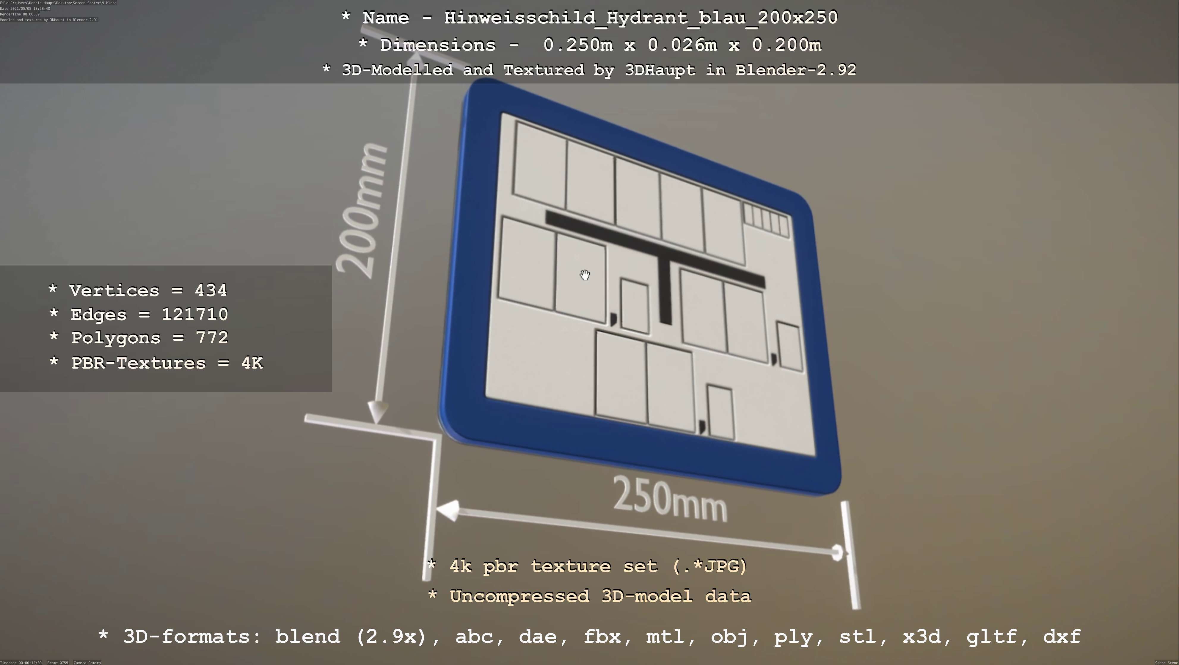 Hinweisschild Hydrant blau 200x250mm Low-poly 3D model_98
