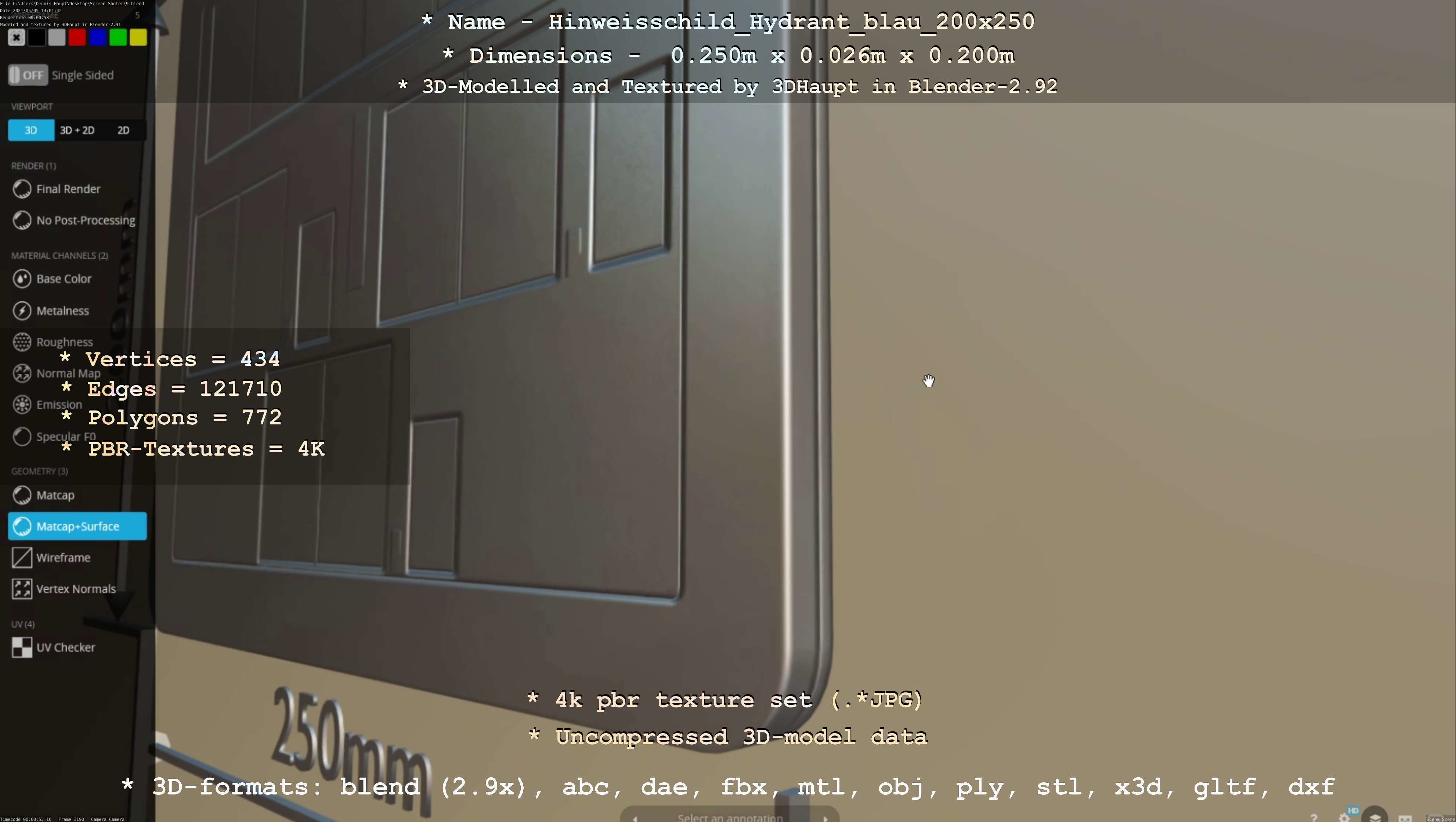 Hinweisschild Hydrant blau 200x250mm Low-poly 3D model_89