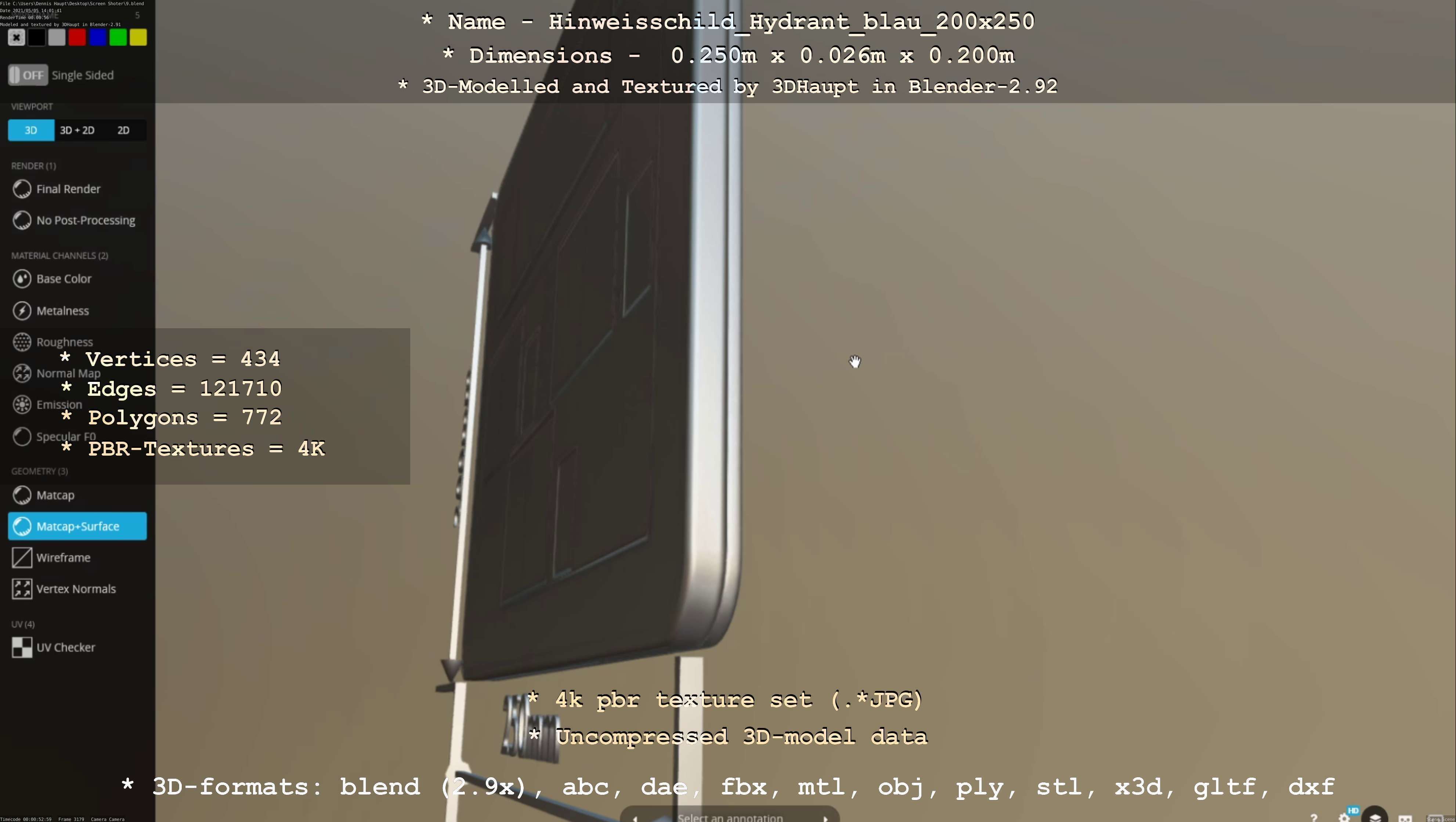 Hinweisschild Hydrant blau 200x250mm Low-poly 3D model_88