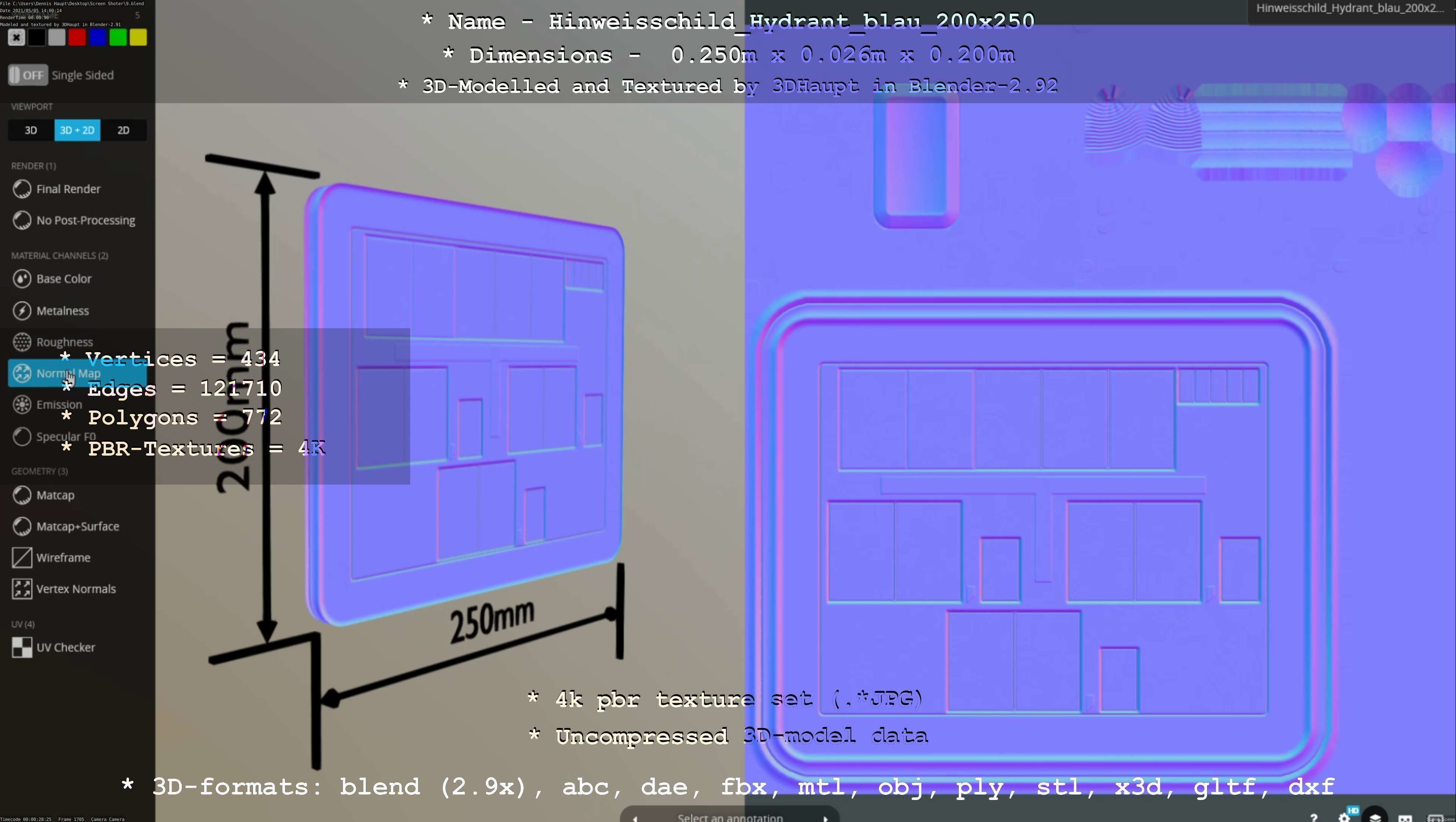 Hinweisschild Hydrant blau 200x250mm Low-poly 3D model_14