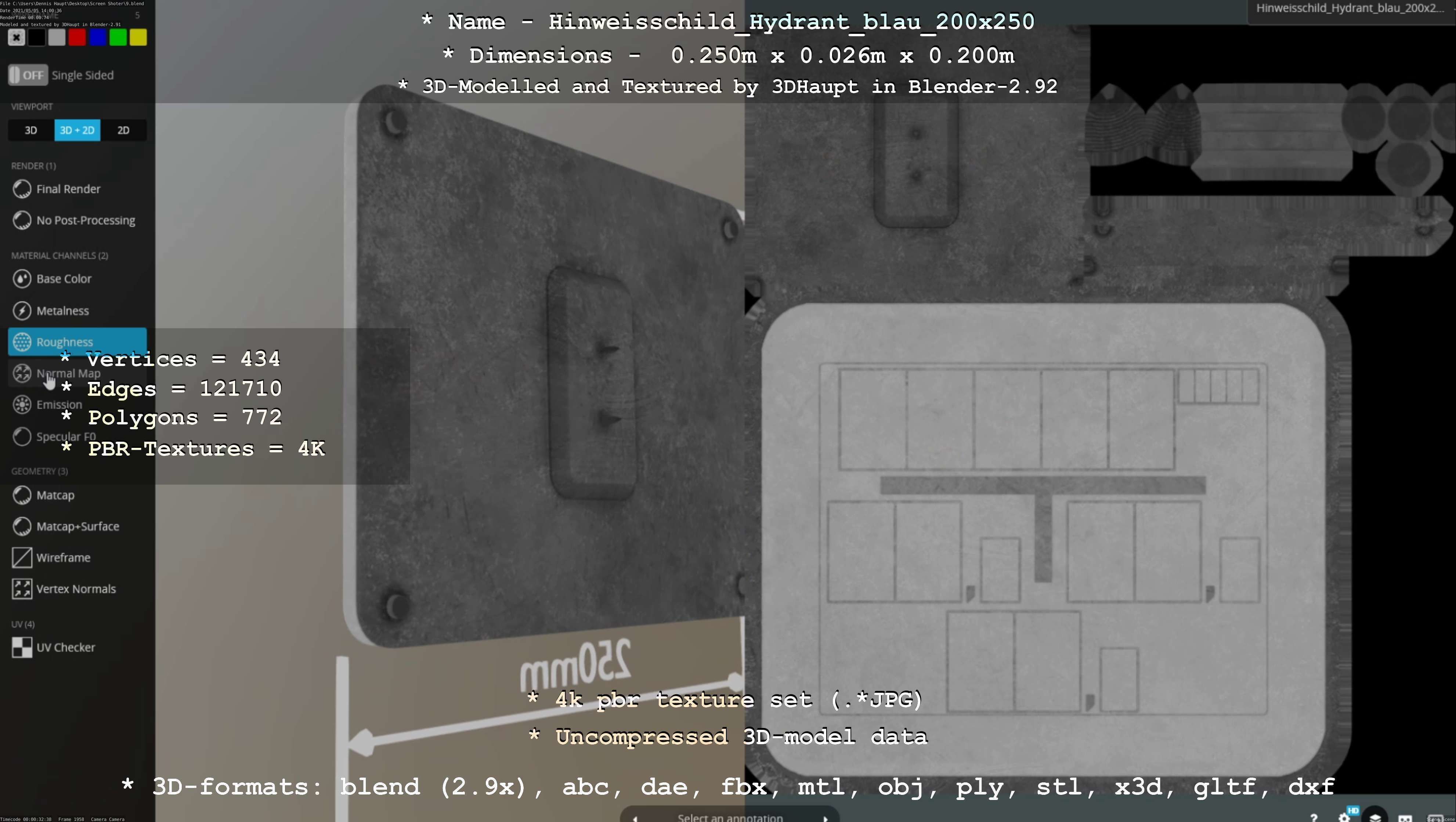 Hinweisschild Hydrant blau 200x250mm Low-poly 3D model_16