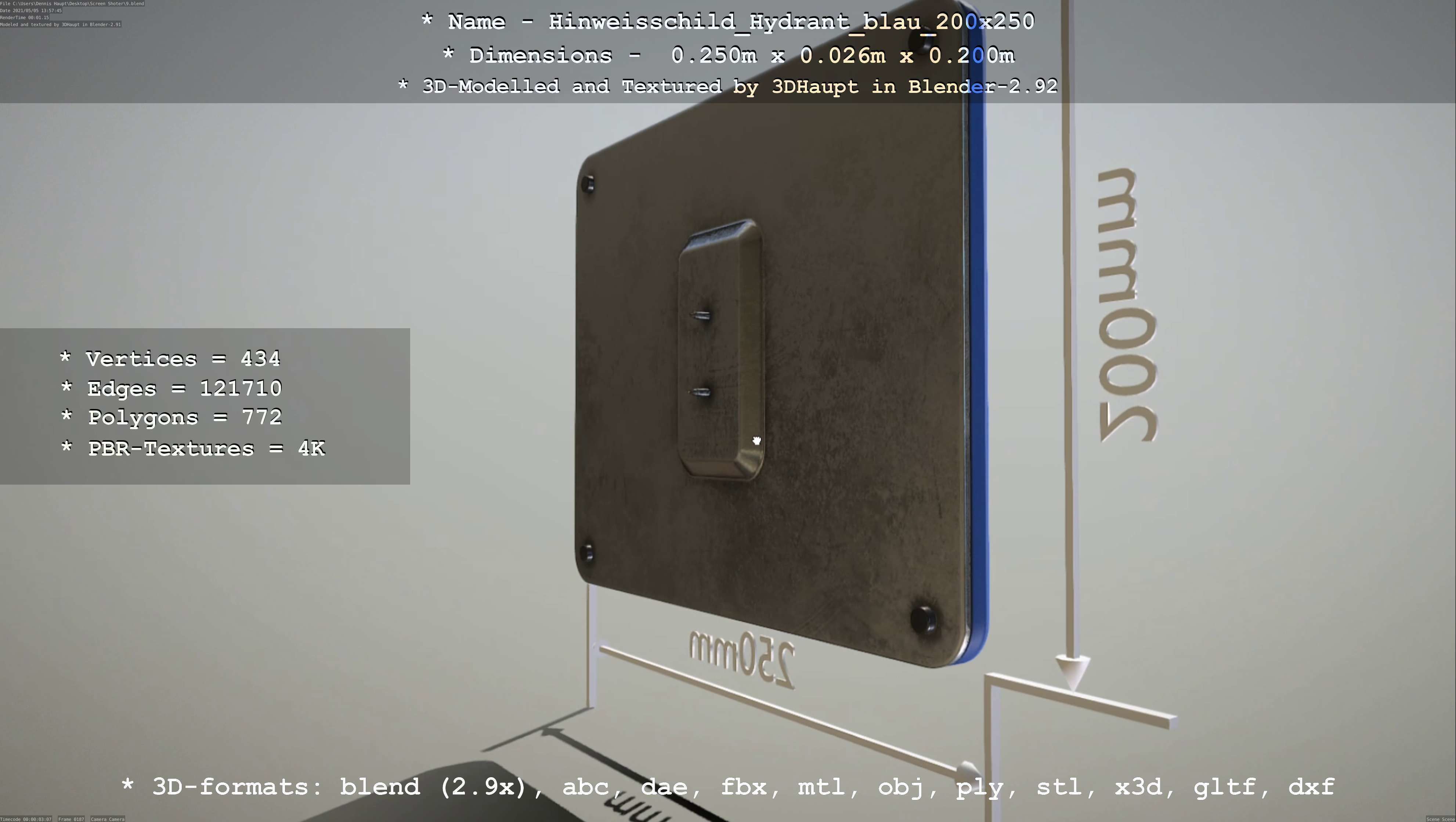 Hinweisschild Hydrant blau 200x250mm Low-poly 3D model_24