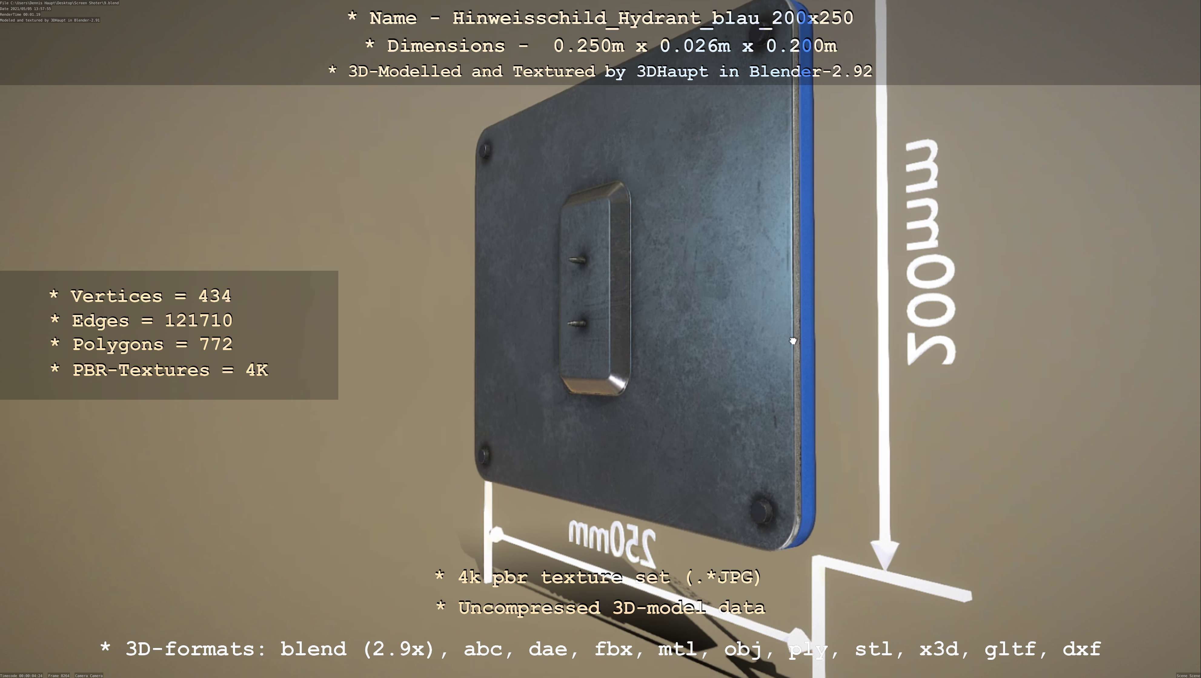 Hinweisschild Hydrant blau 200x250mm Low-poly 3D model_94