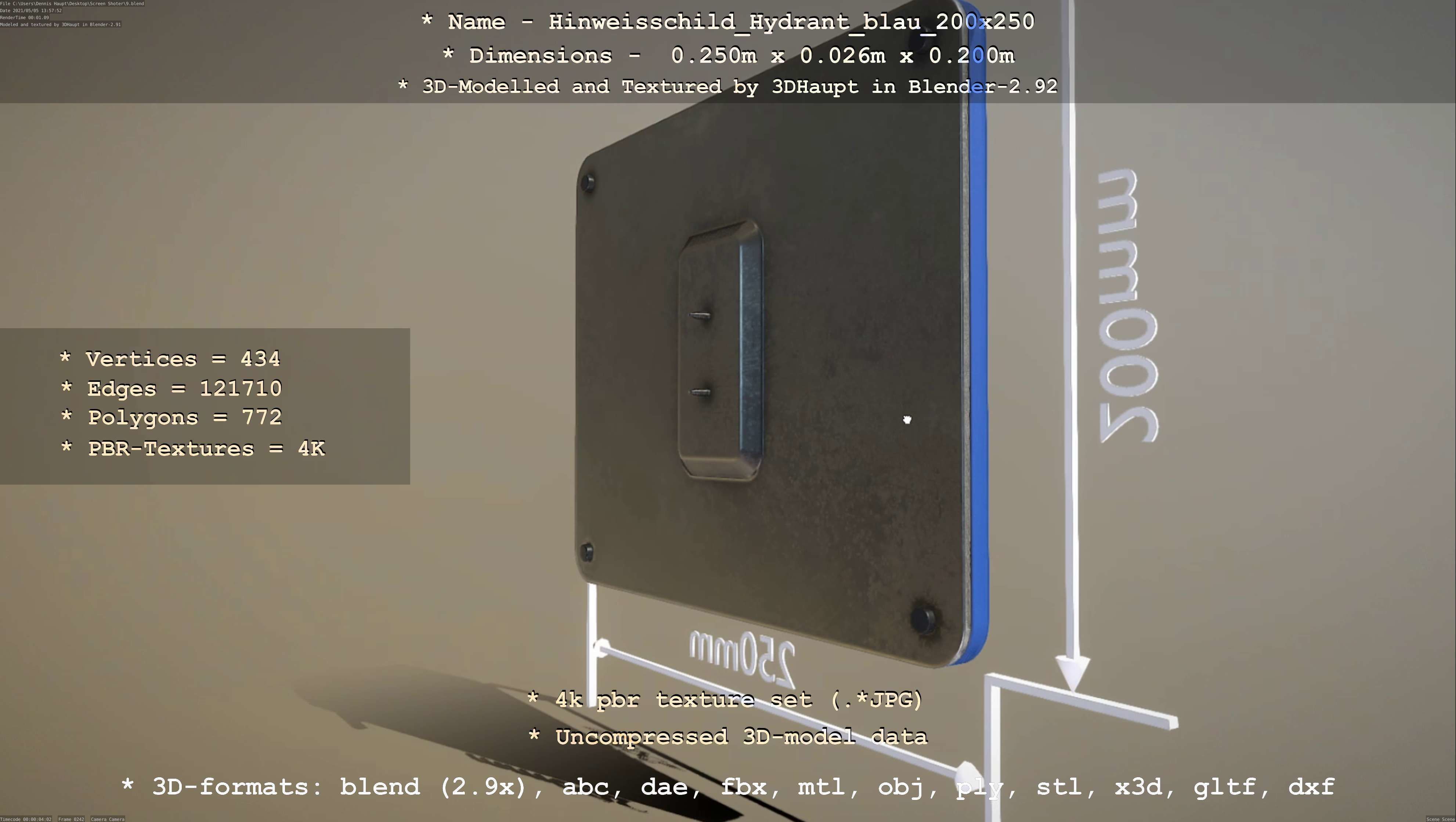 Hinweisschild Hydrant blau 200x250mm Low-poly 3D model_93