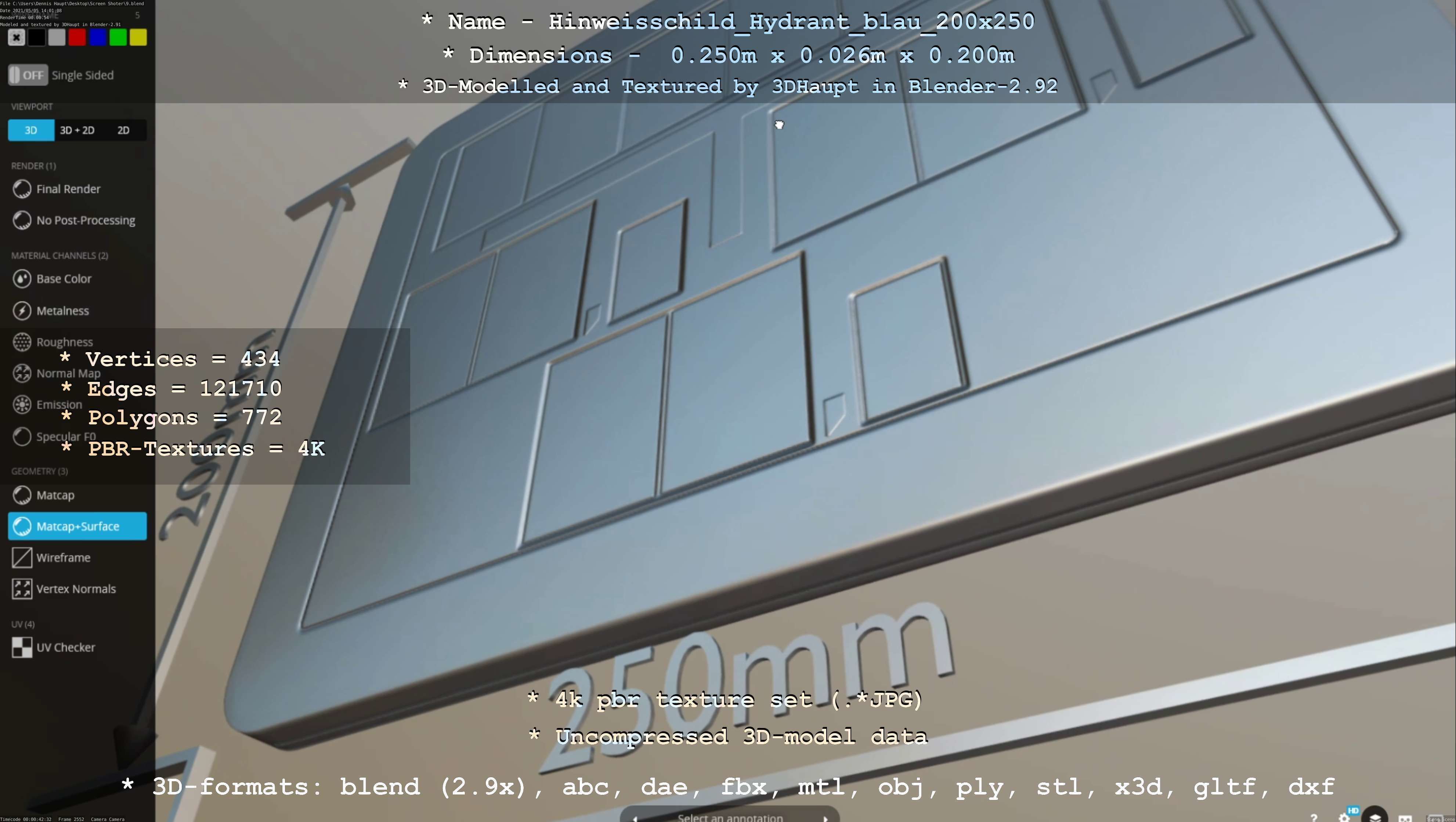 Hinweisschild Hydrant blau 200x250mm Low-poly 3D model_71