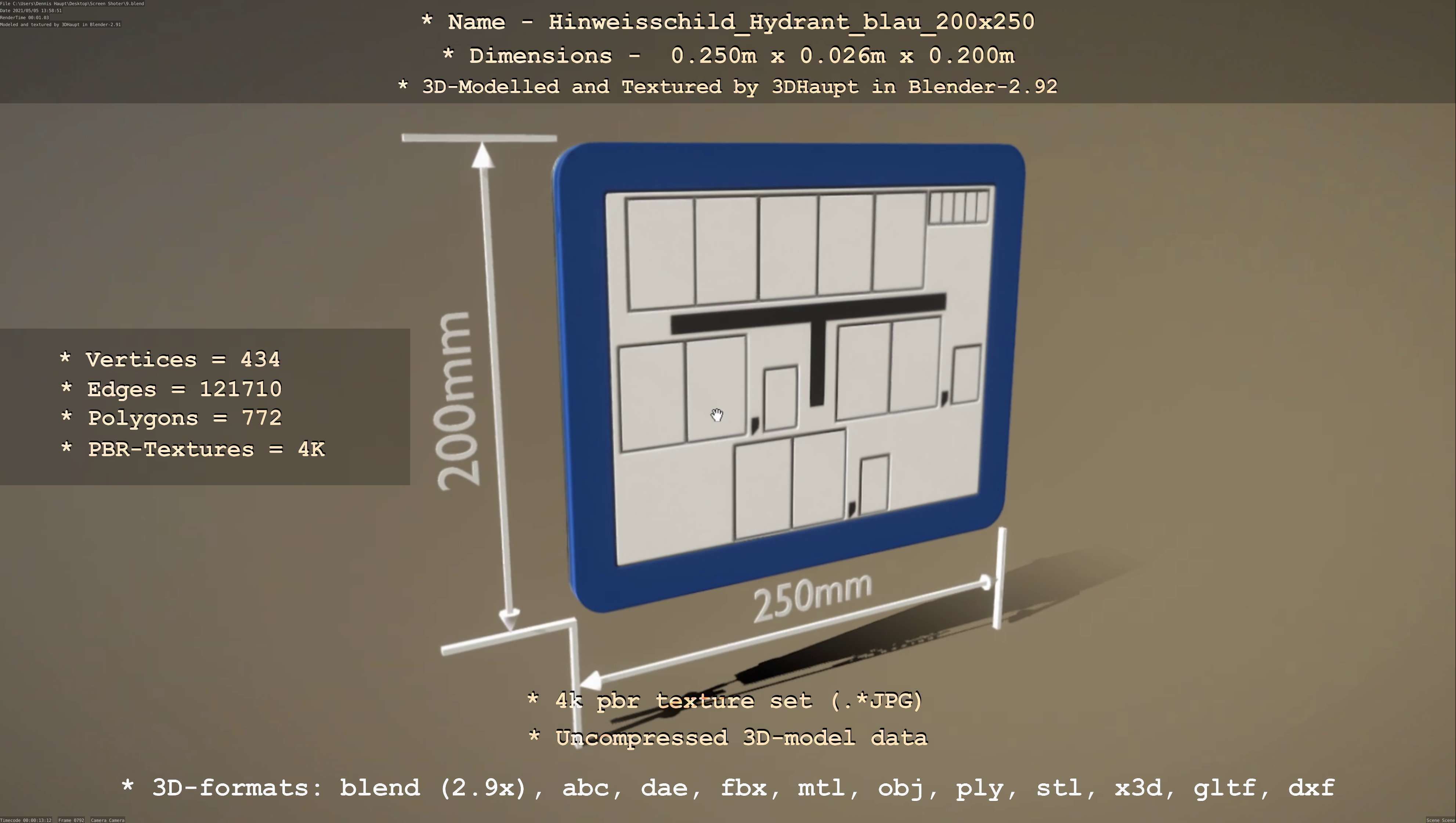 Hinweisschild Hydrant blau 200x250mm Low-poly 3D model_31