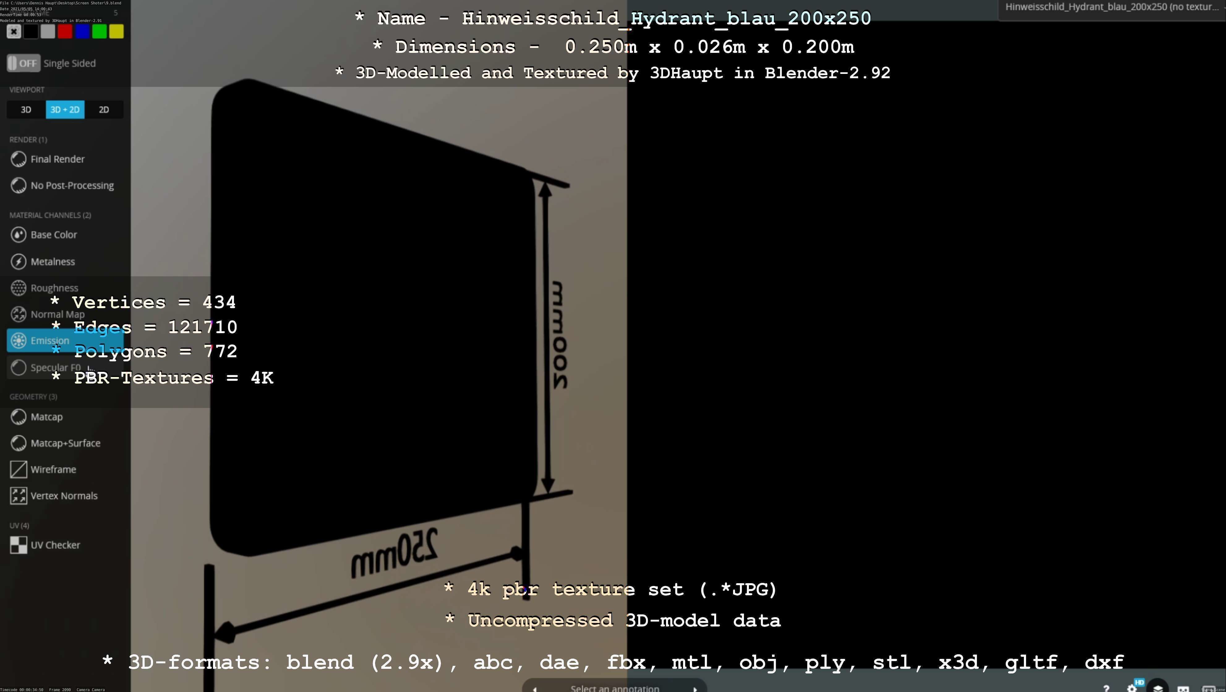 Hinweisschild Hydrant blau 200x250mm Low-poly 3D model_17