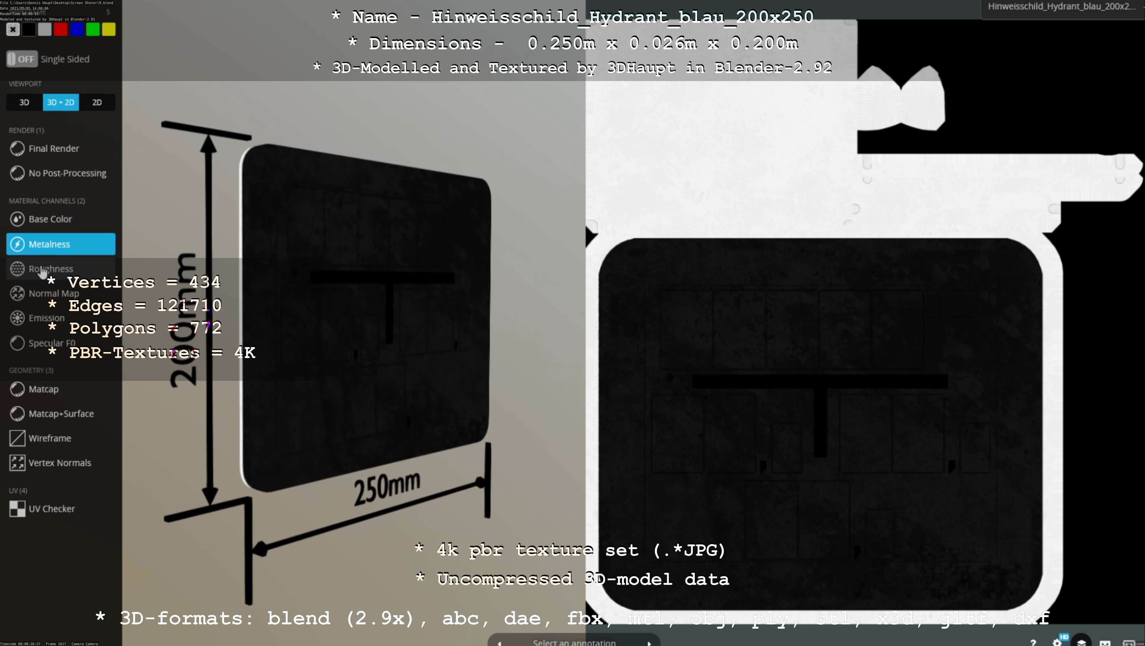 Hinweisschild Hydrant blau 200x250mm Low-poly 3D model_11