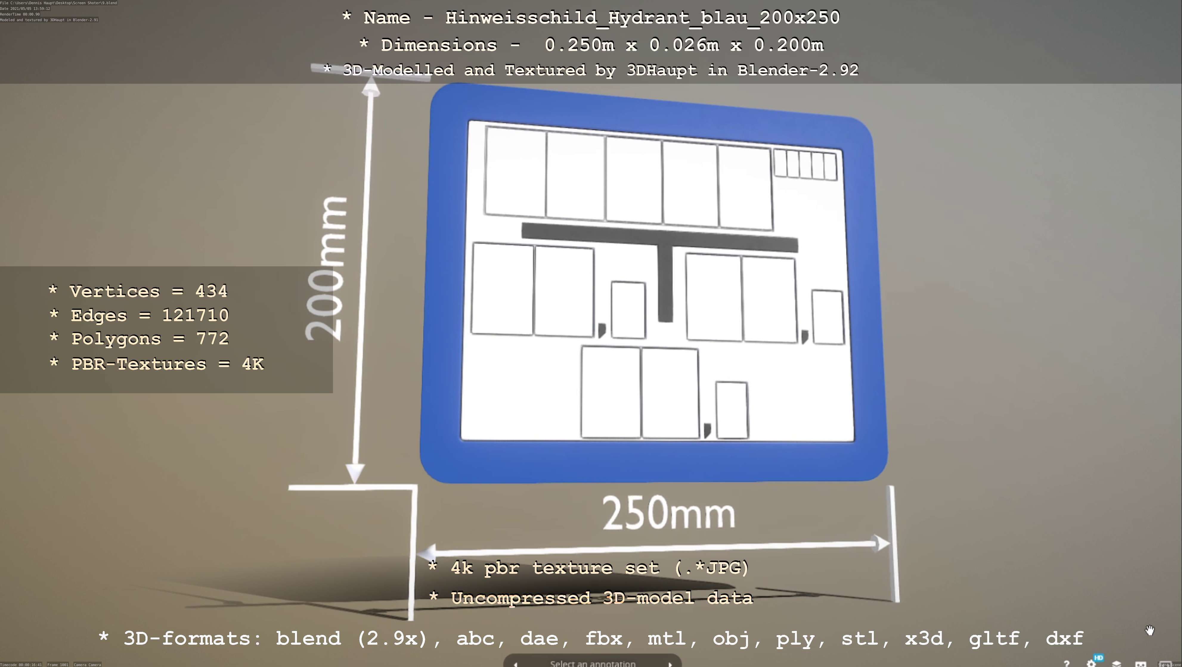 Hinweisschild Hydrant blau 200x250mm Low-poly 3D model_34