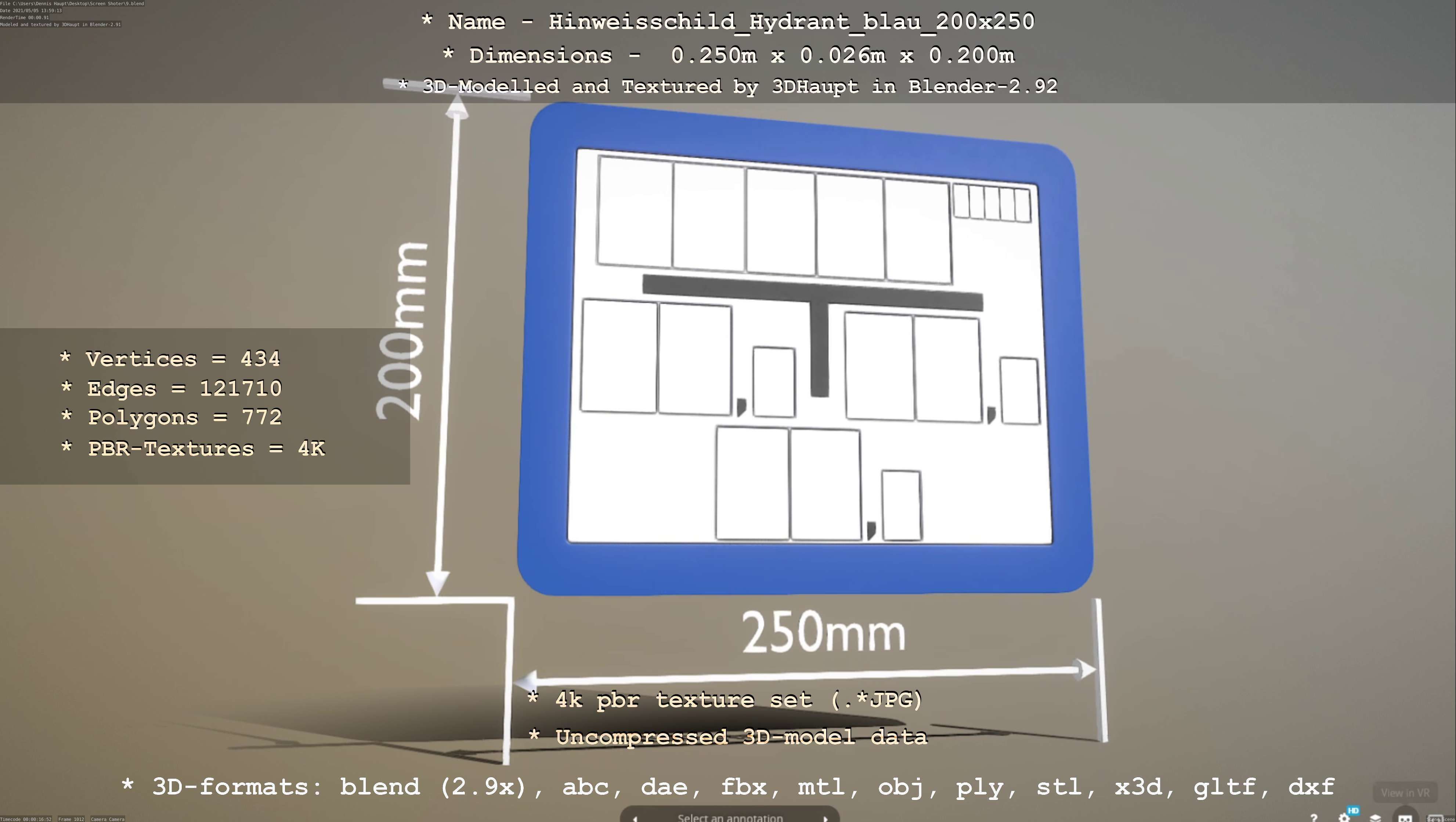 Hinweisschild Hydrant blau 200x250mm Low-poly 3D model_35