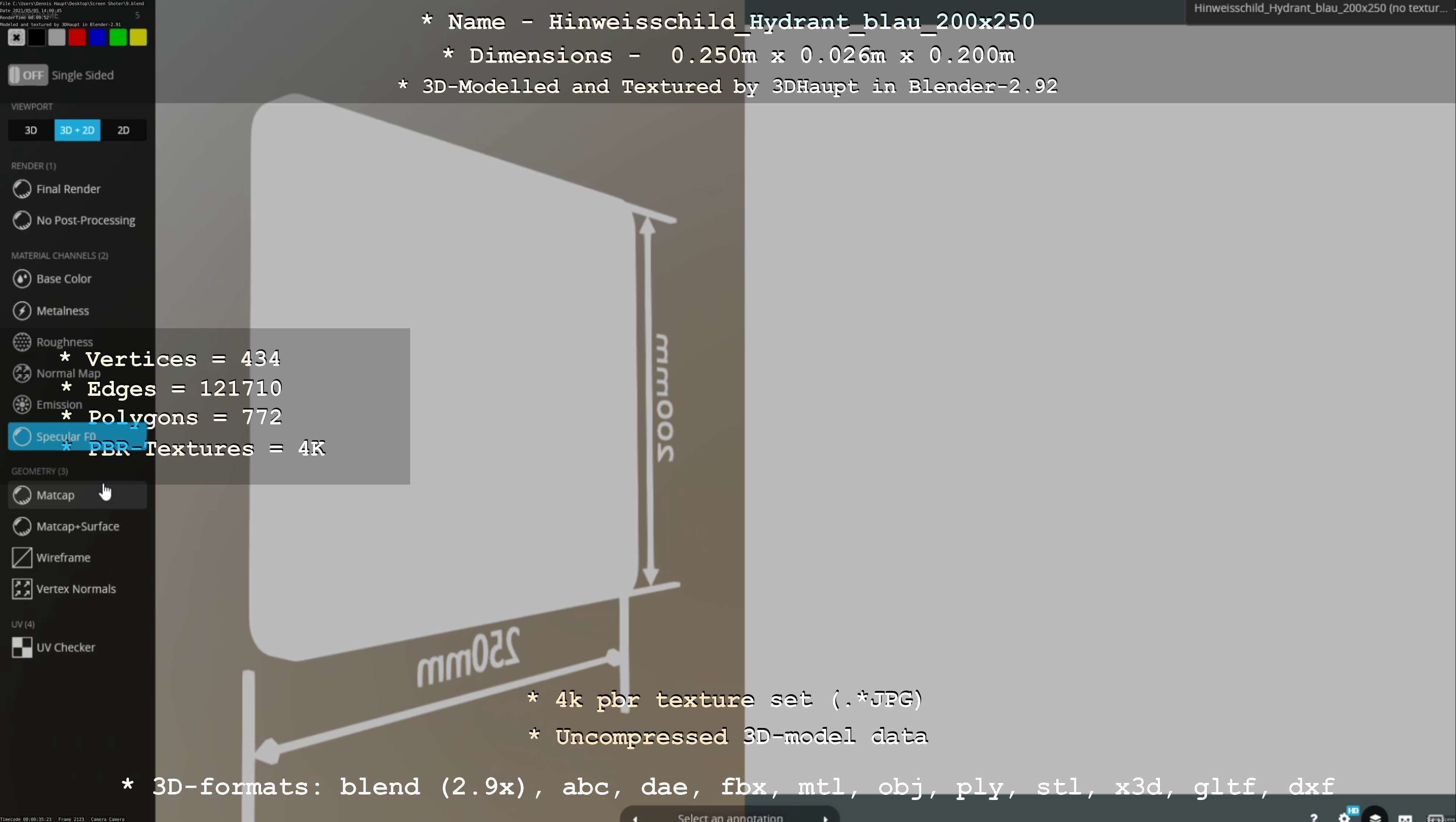 Hinweisschild Hydrant blau 200x250mm Low-poly 3D model_60