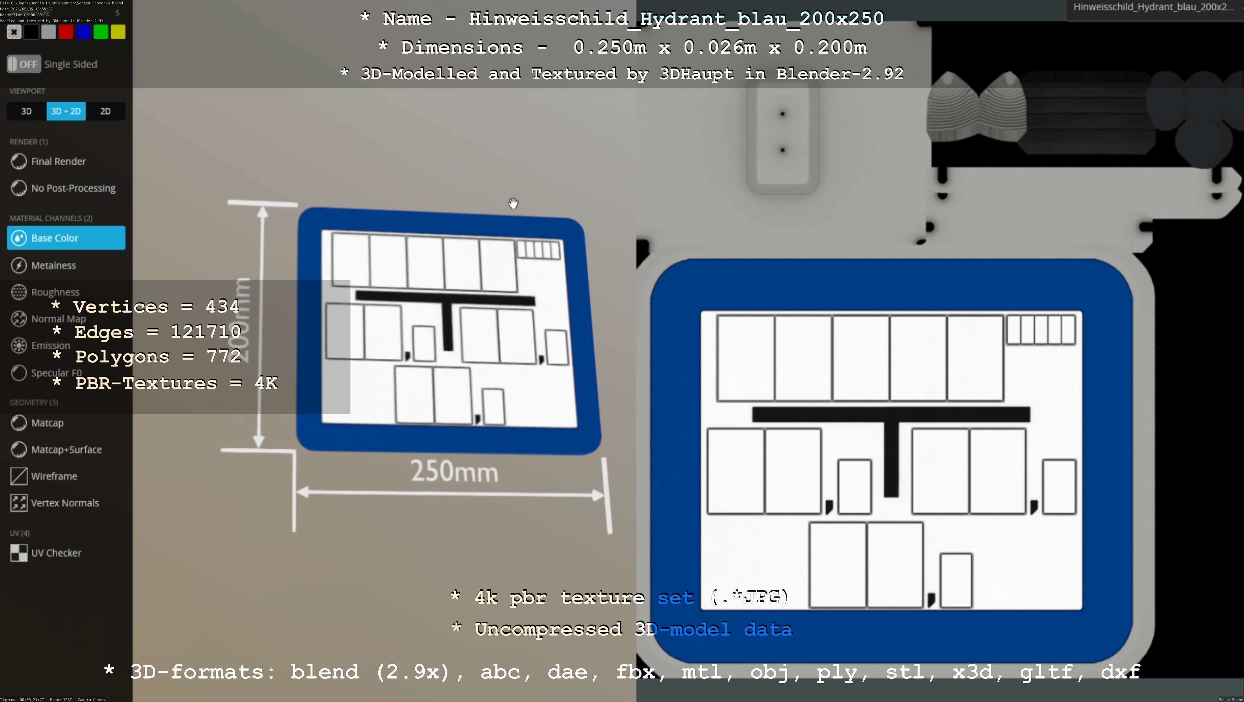 Hinweisschild Hydrant blau 200x250mm Low-poly 3D model_10