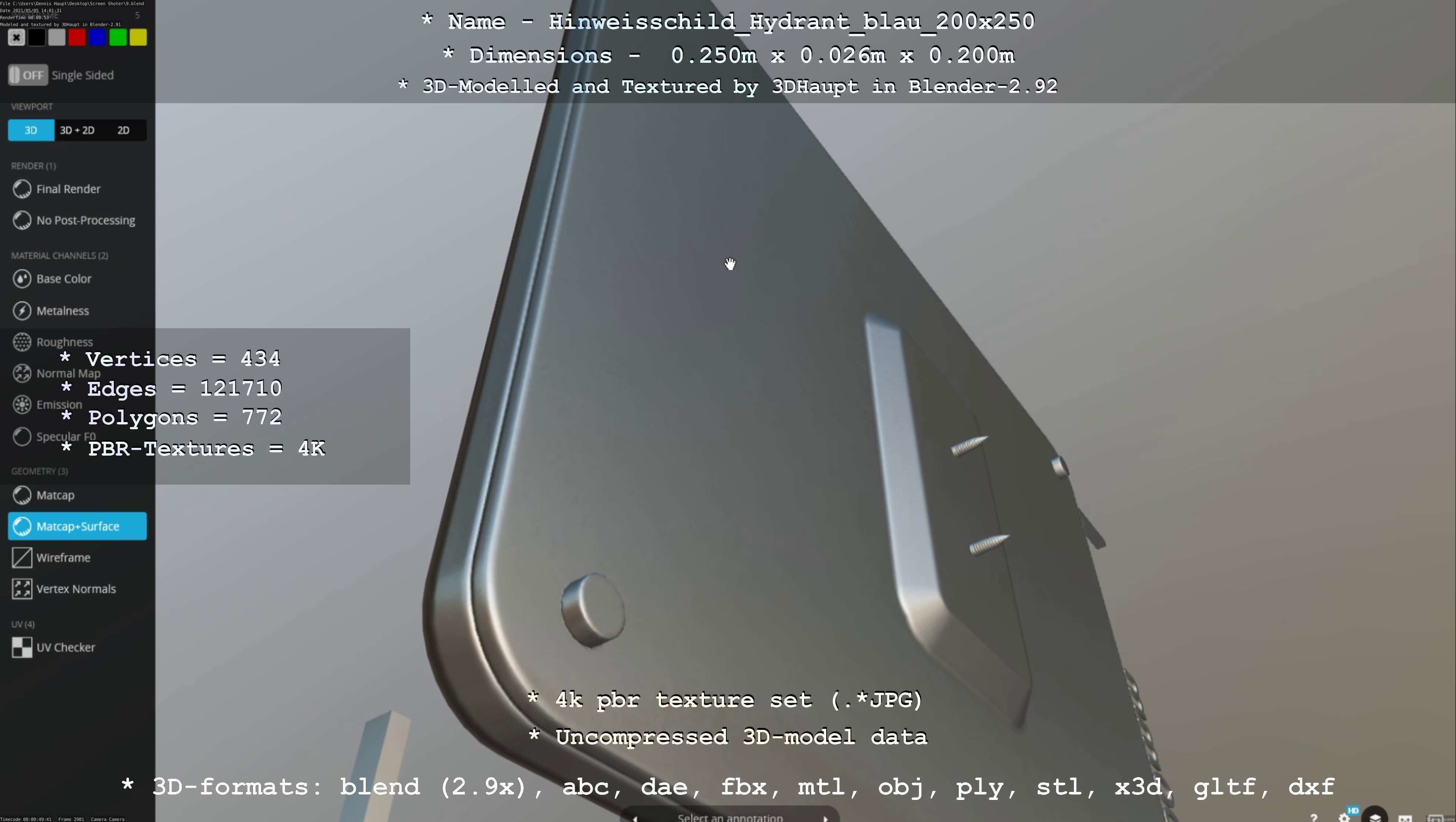 Hinweisschild Hydrant blau 200x250mm Low-poly 3D model_83