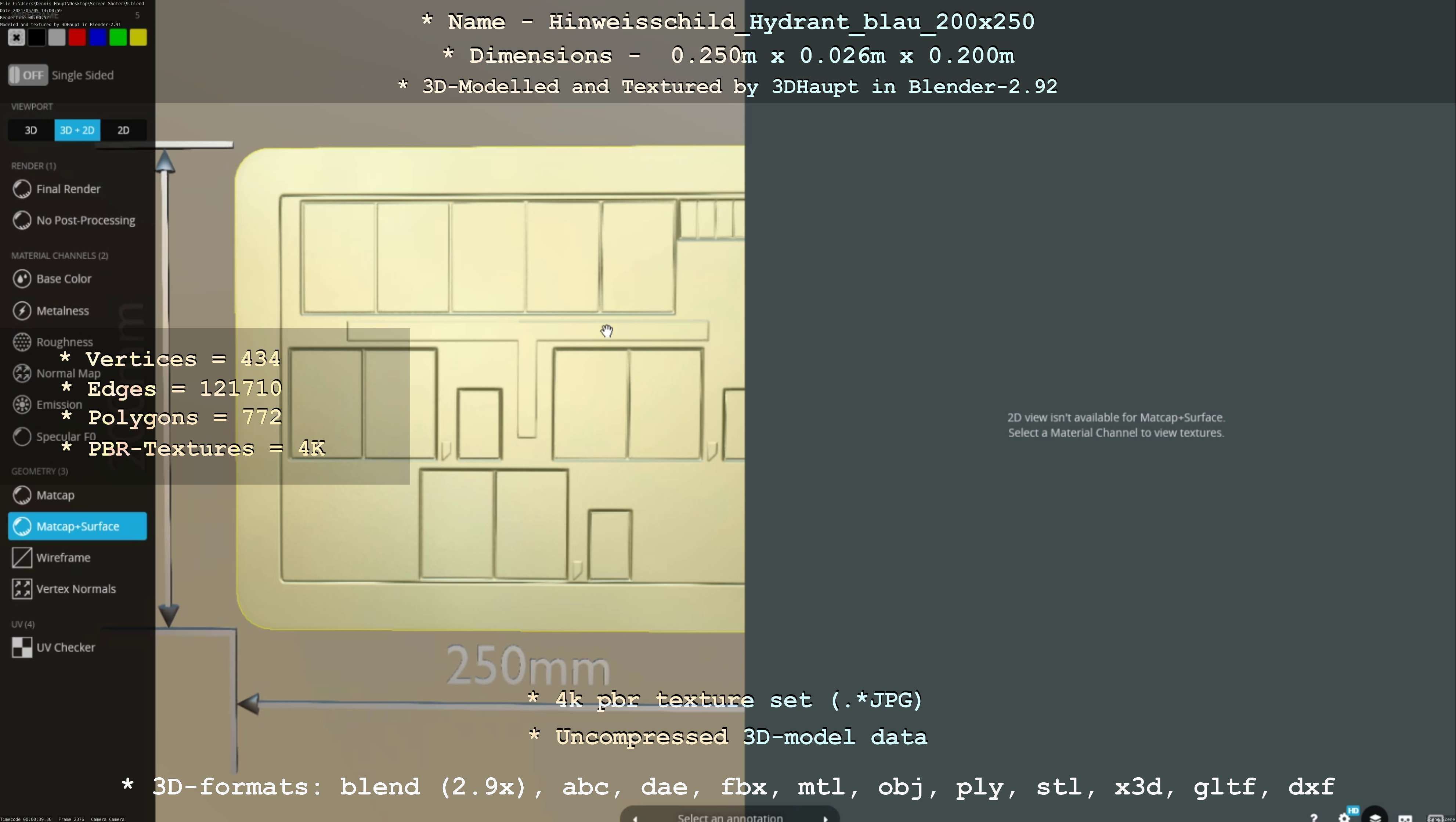 Hinweisschild Hydrant blau 200x250mm Low-poly 3D model_69