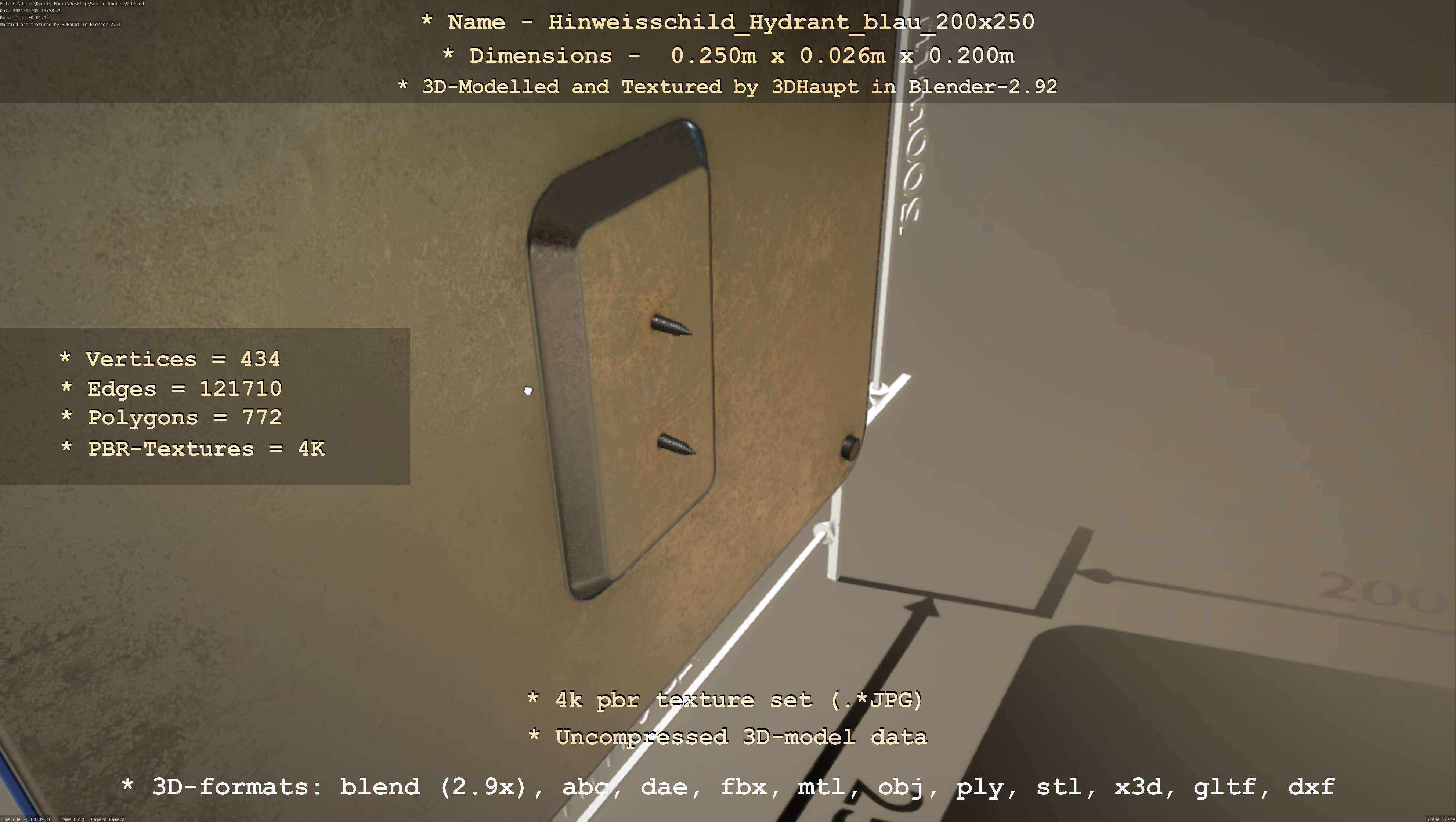 Hinweisschild Hydrant blau 200x250mm Low-poly 3D model_73