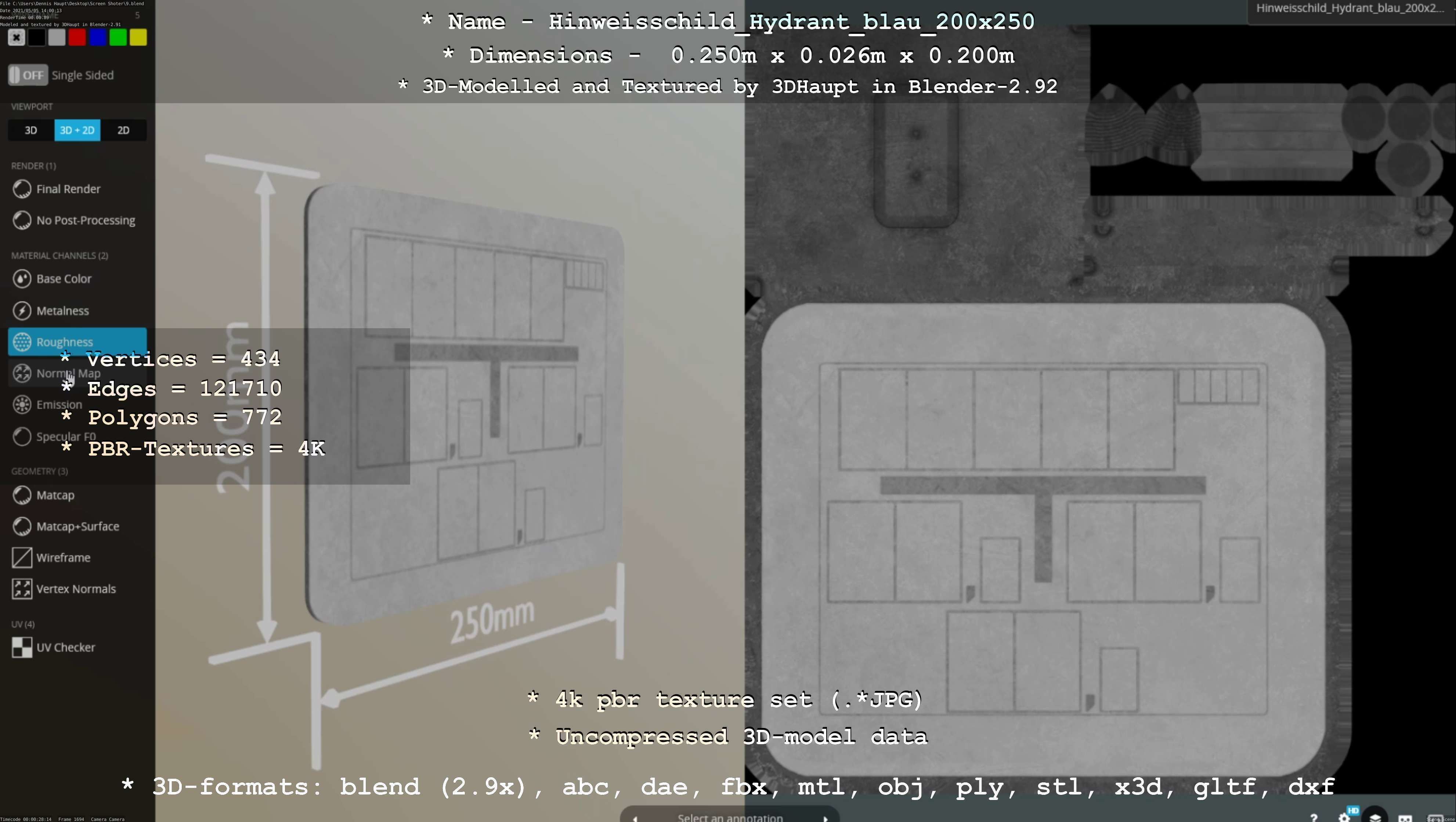 Hinweisschild Hydrant blau 200x250mm Low-poly 3D model_12