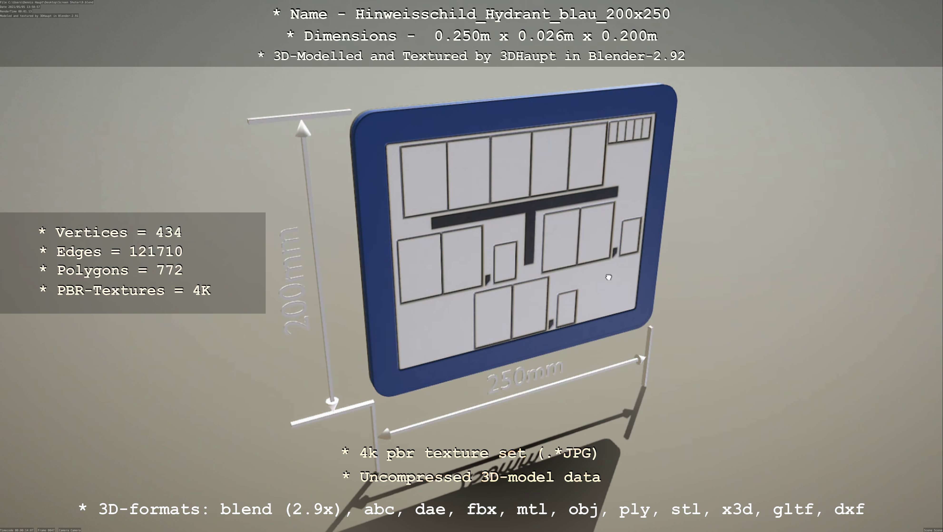 Hinweisschild Hydrant blau 200x250mm Low-poly 3D model_7