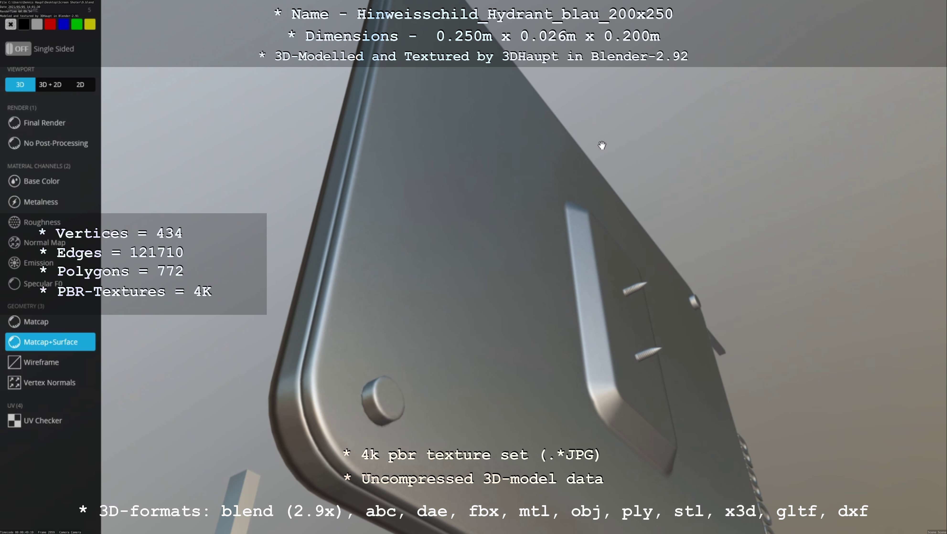 Hinweisschild Hydrant blau 200x250mm Low-poly 3D model_81