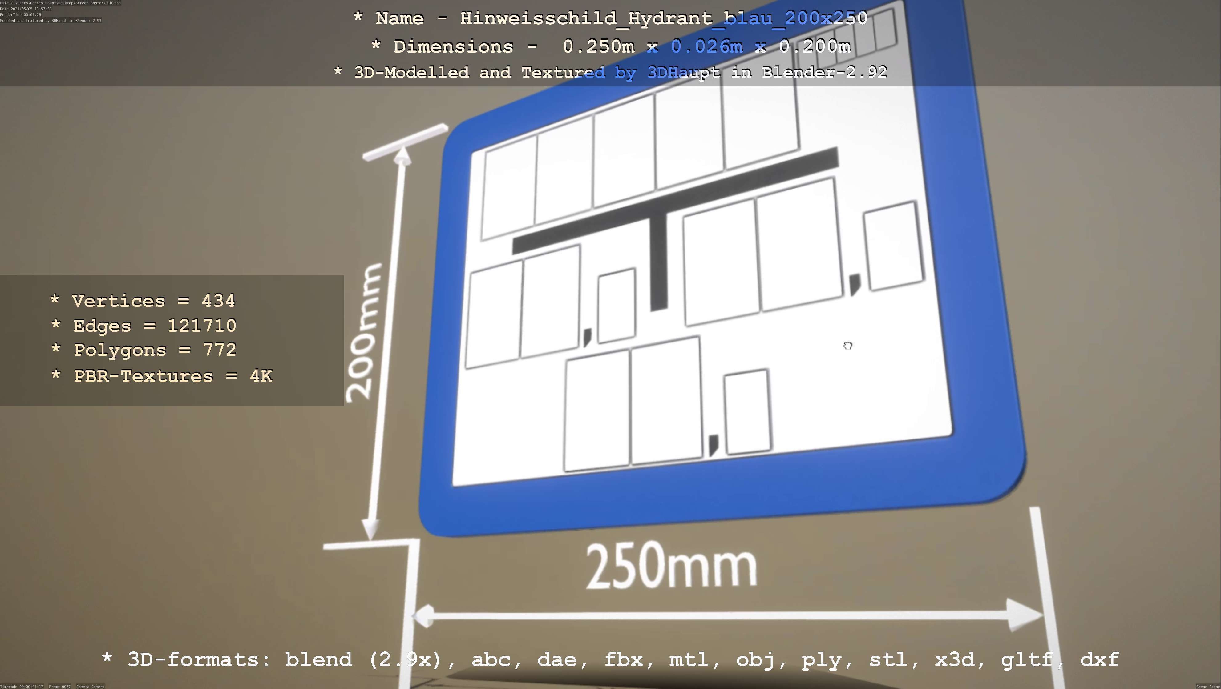 Hinweisschild Hydrant blau 200x250mm Low-poly 3D model_2