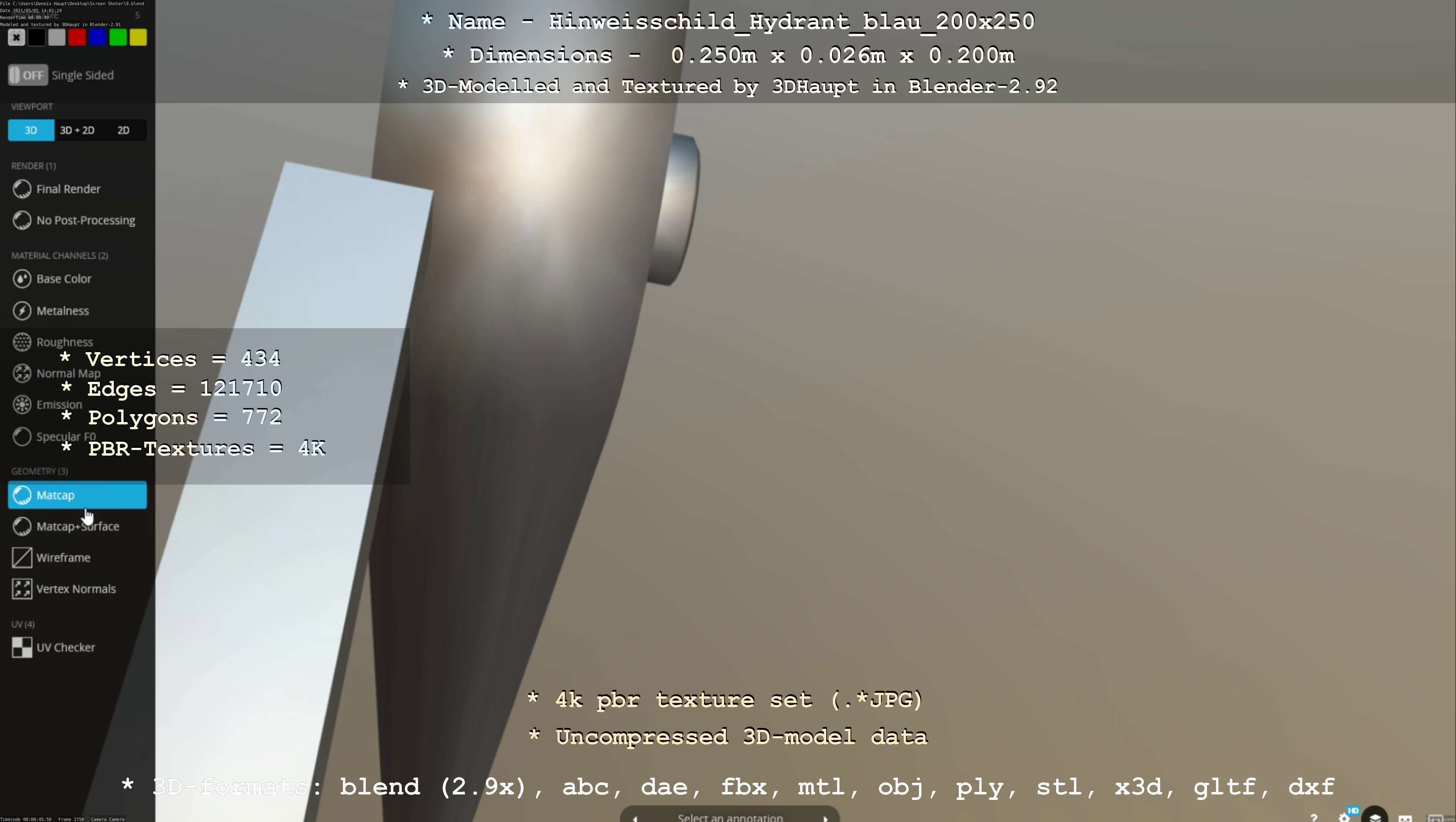 Hinweisschild Hydrant blau 200x250mm Low-poly 3D model_76