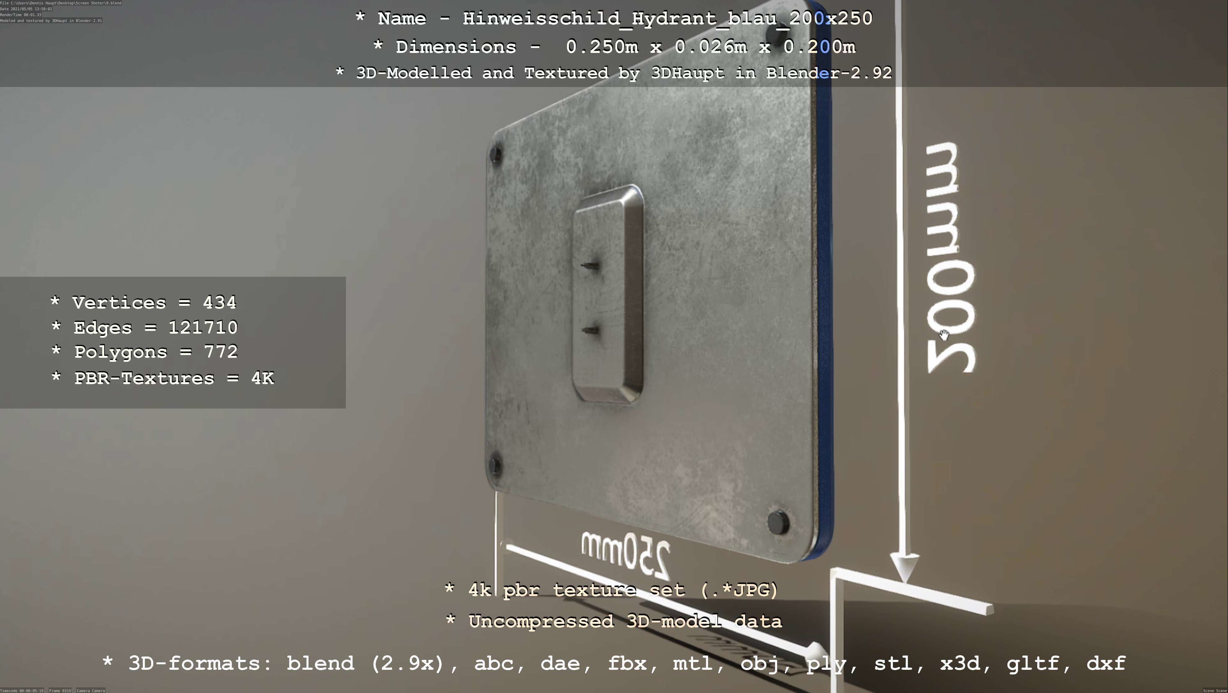 Hinweisschild Hydrant blau 200x250mm Low-poly 3D model_29