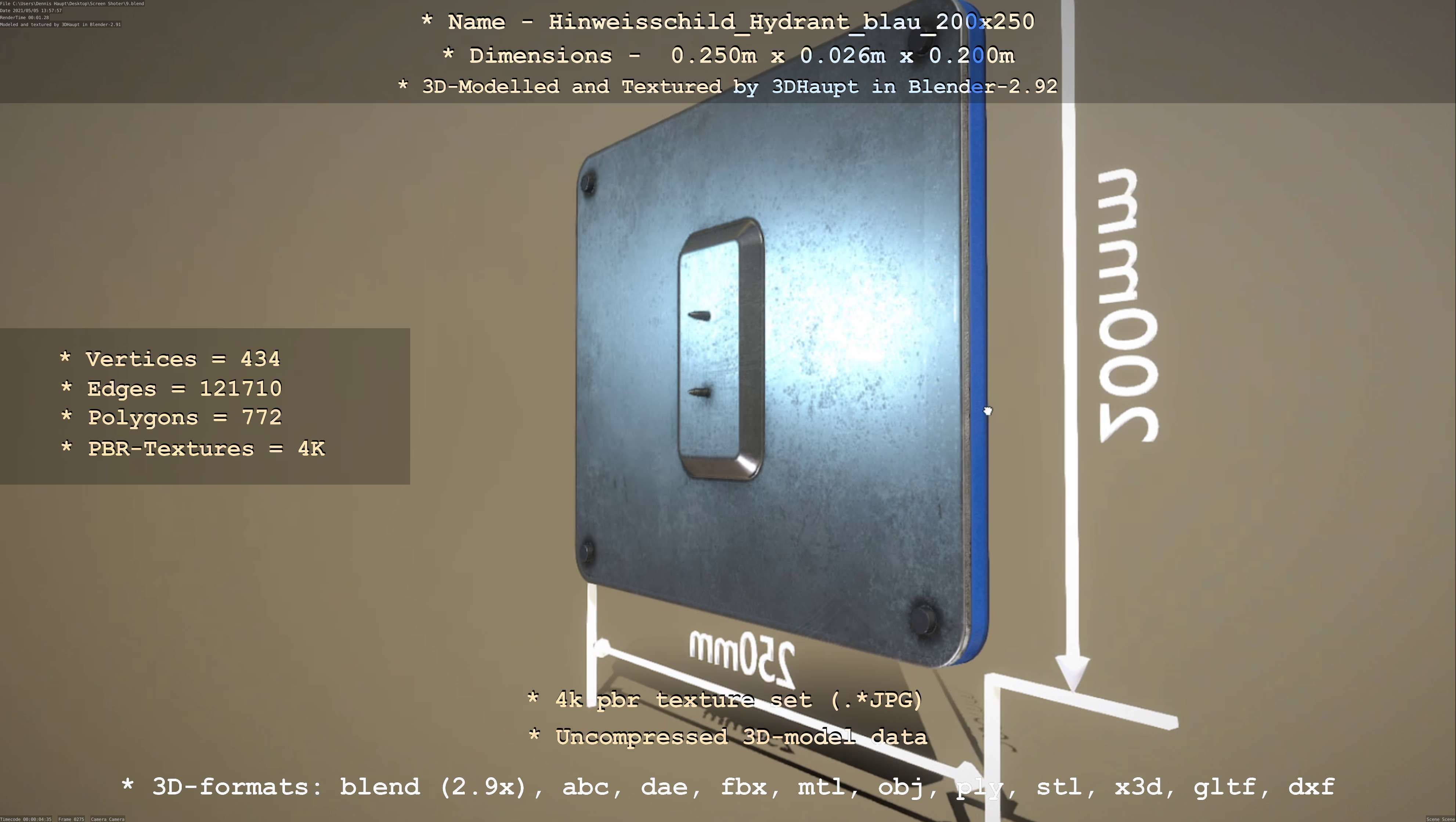 Hinweisschild Hydrant blau 200x250mm Low-poly 3D model_26