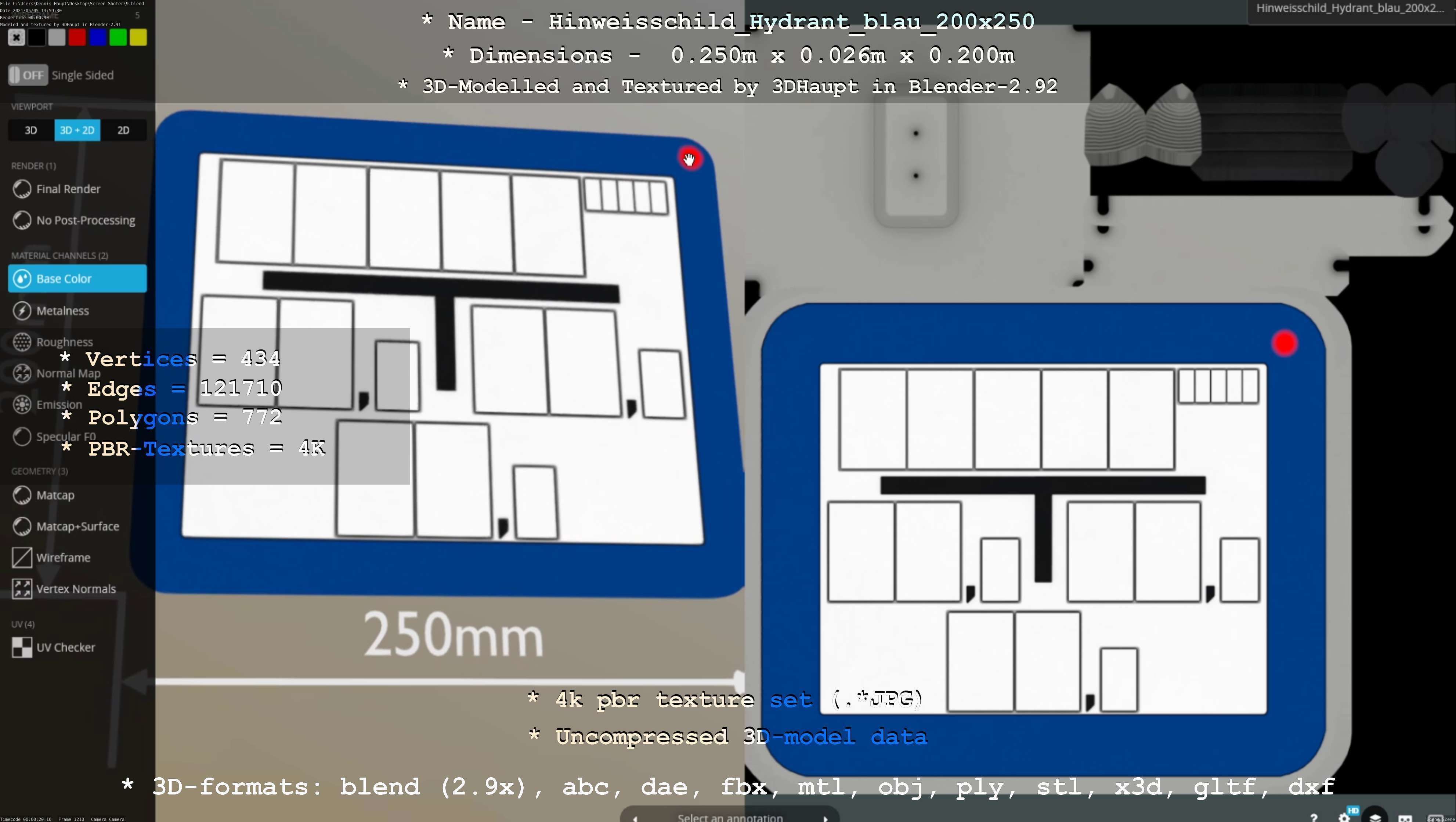 Hinweisschild Hydrant blau 200x250mm Low-poly 3D model_38