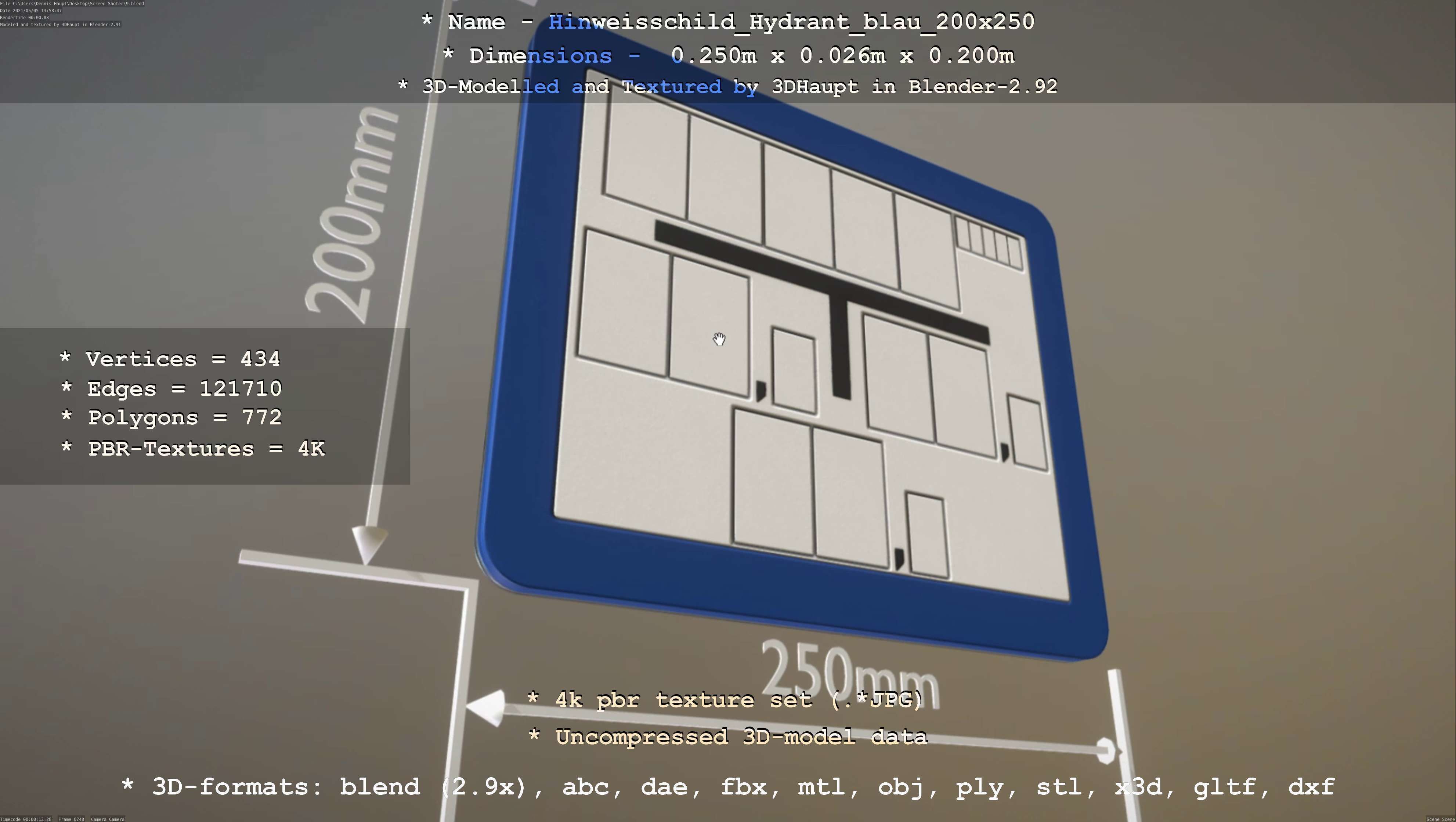 Hinweisschild Hydrant blau 200x250mm Low-poly 3D model_95